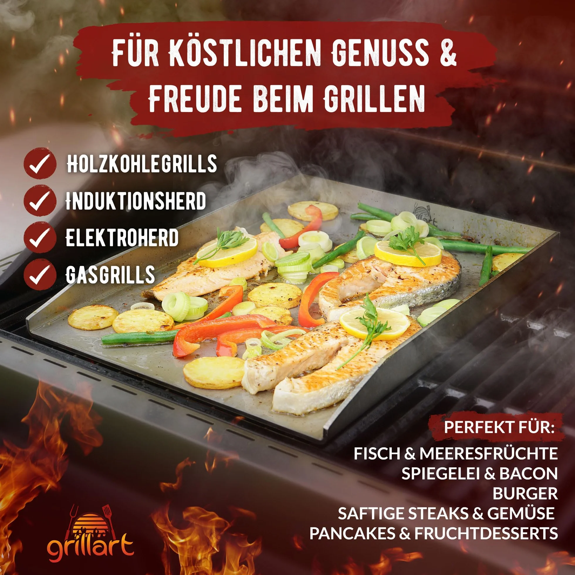 grillart® Premium Plancha grillowa z szpachelką do grilla z masywnej stali nierdzewnej 4 mm, rozmiar uniwersalny 30 x 40 cm, nadaje się do kuchenek indukcyjnych - mycie w