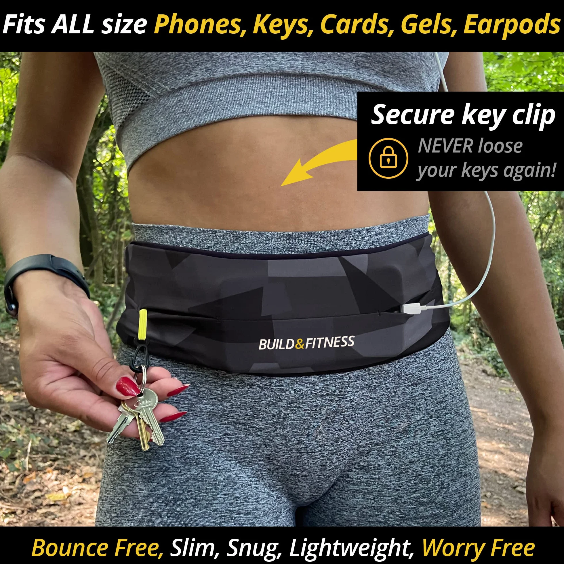 Pasek do biegania Build & Fitness z klapką, uchwyt na telefon, klips na klucze