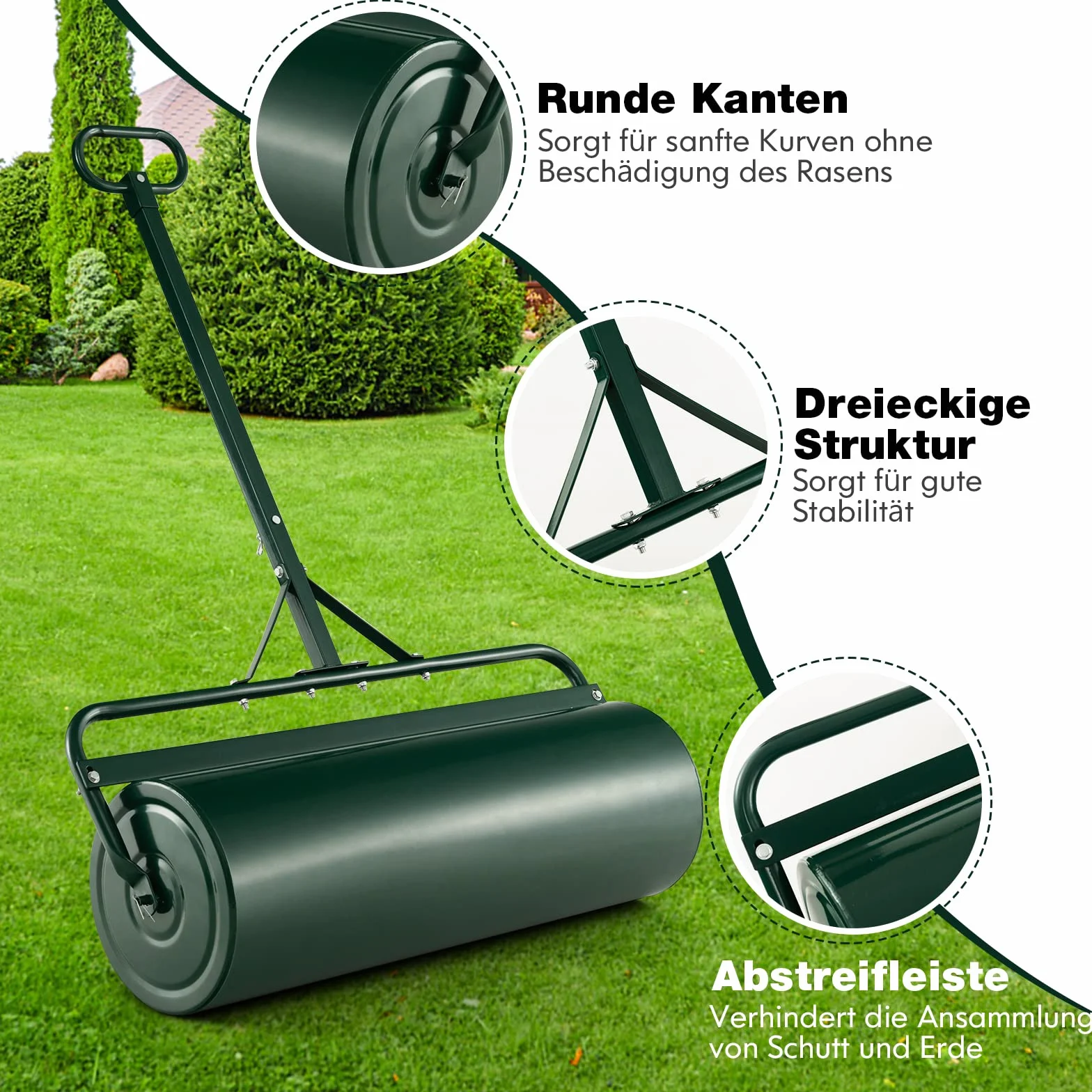 FANTASK Walec do trawy z metalu, średnica 30 cm, z uchwytem 63 l, bęben do dużych obciążeń, wałek do trawy napełniany wodą i piaskiem, wałek ogrodowy, bęben do trawy