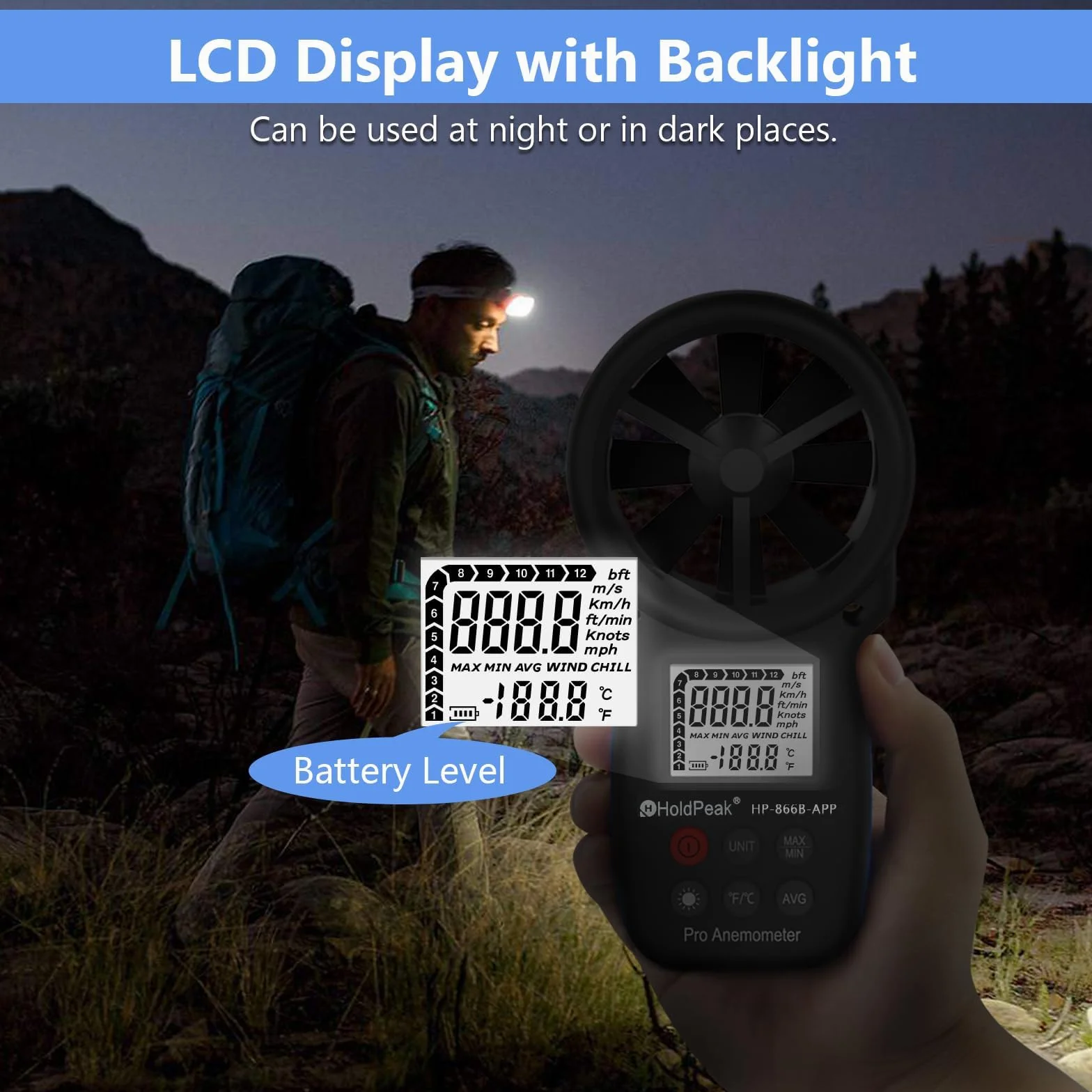 HoldPeak Cyfrowy anemometr HP-866B-APP Prędkość wiatru z bezprzewodowym połączeniem Bluetooth do pomiaru temperatury wiatru, nawigacji w locie, strzelanie, żeglarstwie