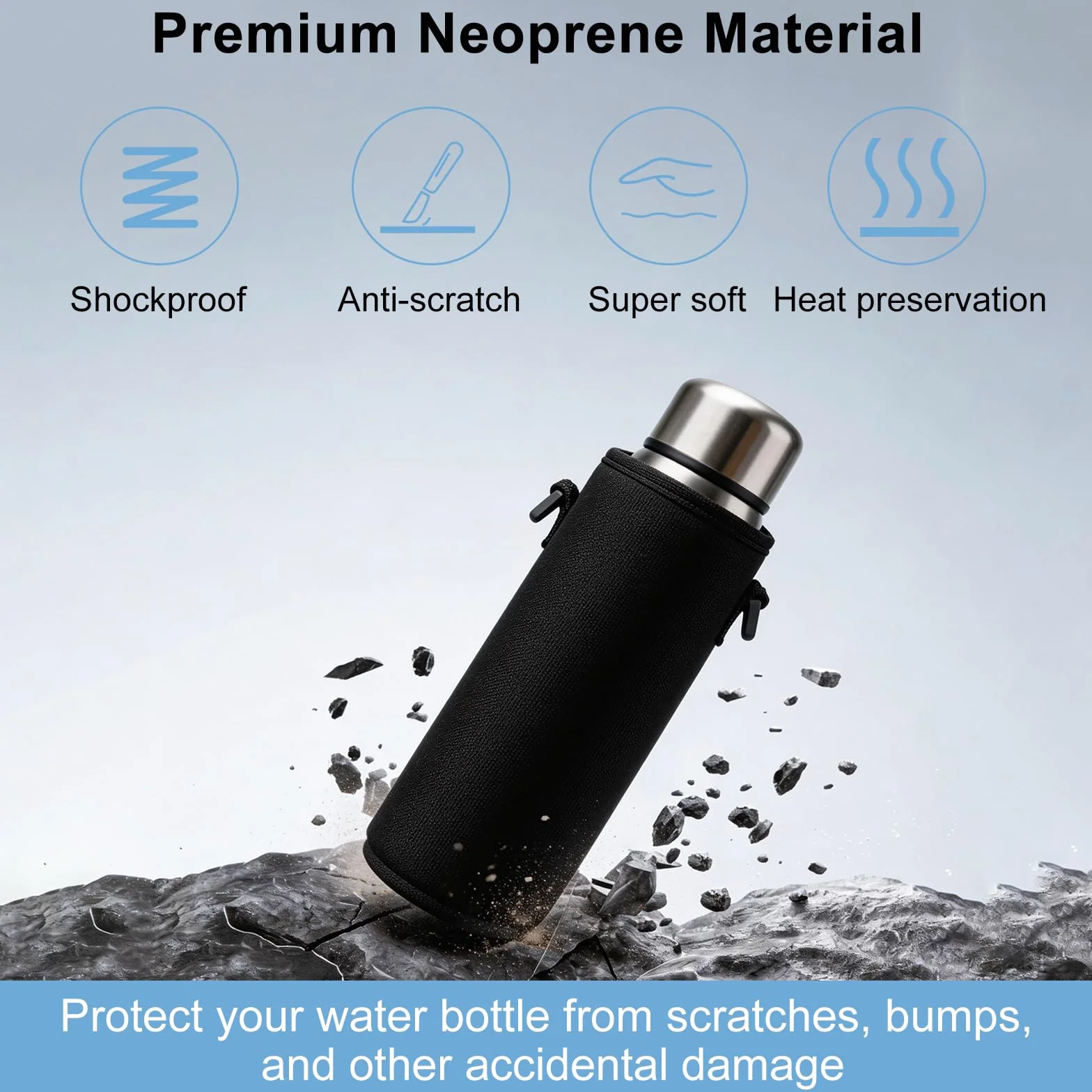 Neopren Wasserflaschenhülle 1L mit Gurt Thermohalter für Edelstahl und Plastikflaschen Schwarz