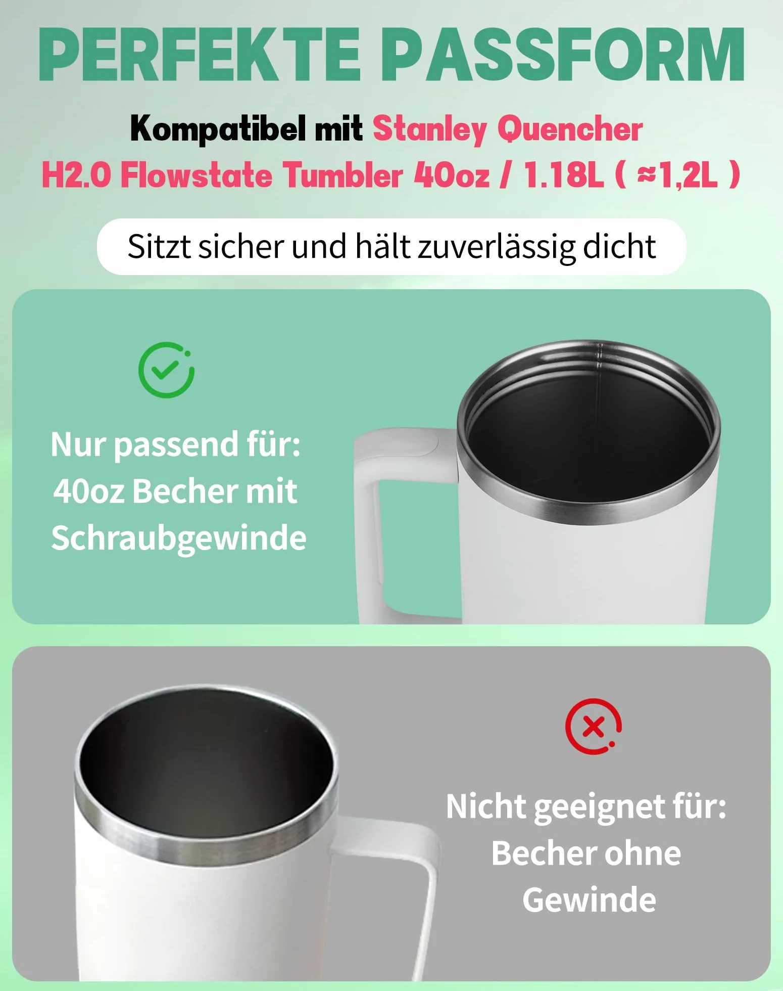 NETONDA Pokrywa szczelna do Stanley Quencher H2.0 Flowstate Tumbler 1,2 l, biała, 2 sztuki, szczelna pokrywka do kubka Stanley Cup 40 oz