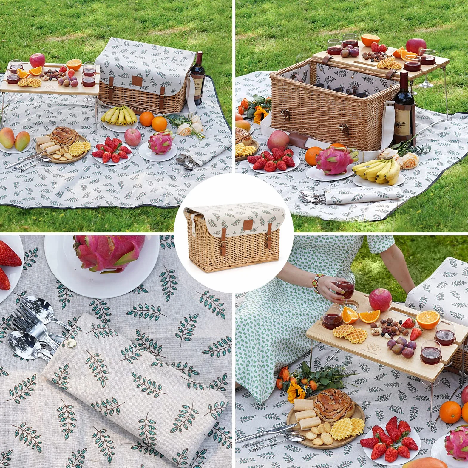 WILLOW WEAVE Kosz piknikowy ze stołem, zestaw 4 koszy piknikowych na wino, wiklinowy kosz piknikowy dla 4 osób, kosz na wierzbę, zestaw upominkowy z kocem i przenośnym stołem na przekąski, na kemping