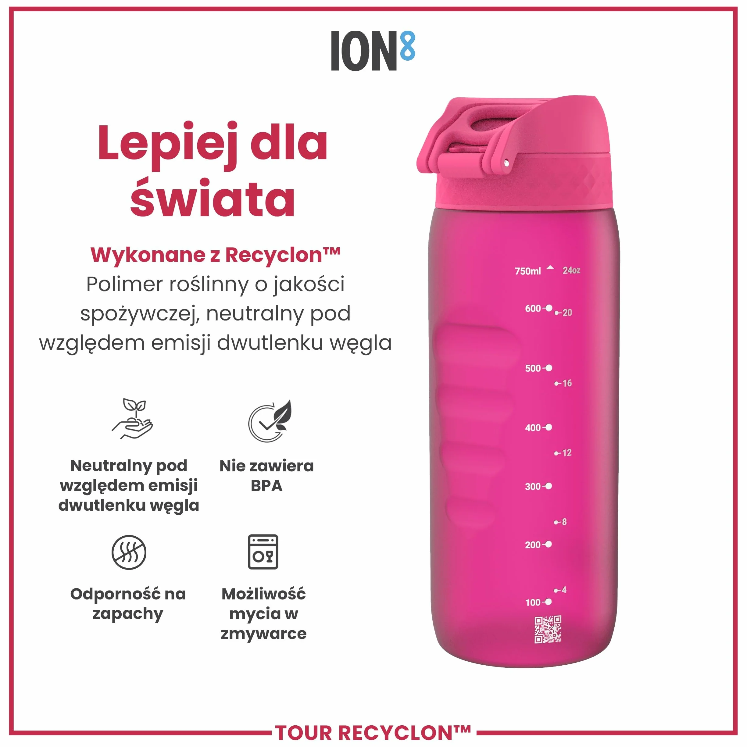 ION8 Butelka na Wodę, 750 ml/24 oz, Szczelna, Łatwe Otwieranie, Bezpieczny Zamek, Można Myć w Zmywarce, Bez BPA, Uchwyt do Przenoszenia, Chwyt z Konturami, Łatwa Czyszczenia, Bezwonny, Różowy