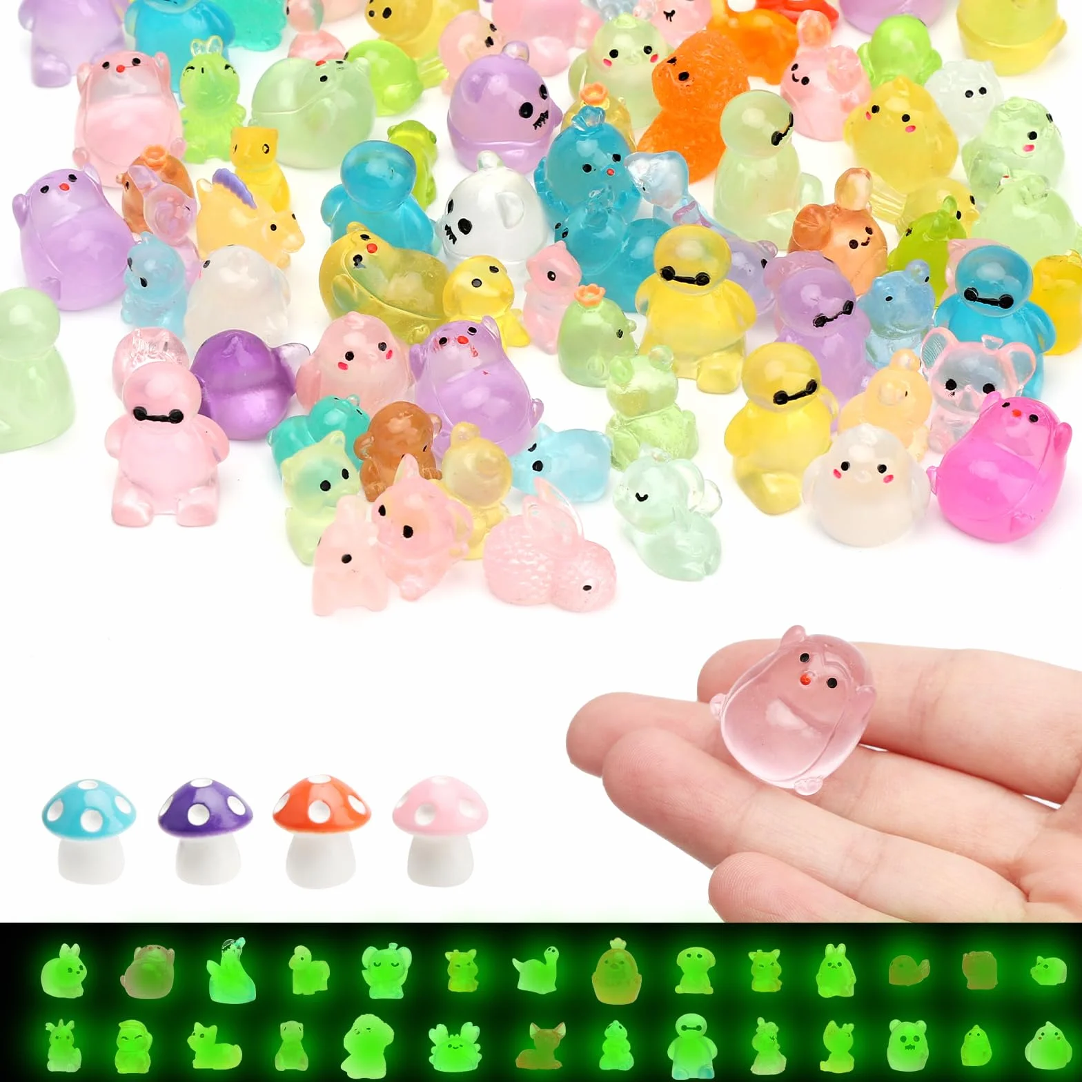 APOMOONS 130 sztuk mini zwierząt z żywicy, mini świecące figurki, kolorowe małe zwierzątka, świecące, do dekoracji miniaturowych ogrodów krajobrazowych, bonsai, basenów rybnych i akwariów