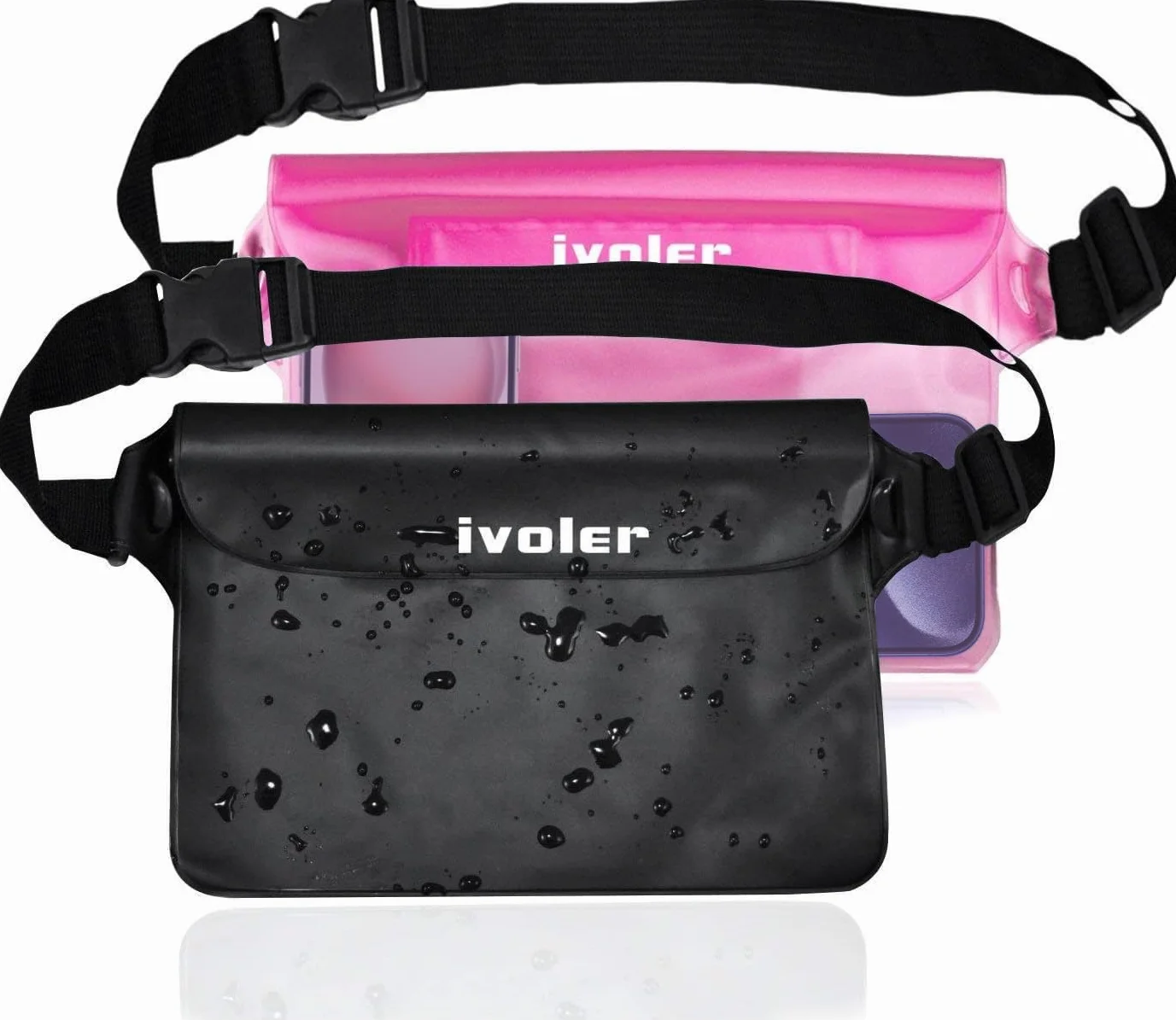 ivoler [2 szt. Uniwersalna wodoodporna saszetka z paskiem w talii, wodoszczelna torba plażowa, pływanie, rafting, kajak, piesze wycieczki, wędkowanie, wspinaczka, kemping itp. (czarny + różowy)
