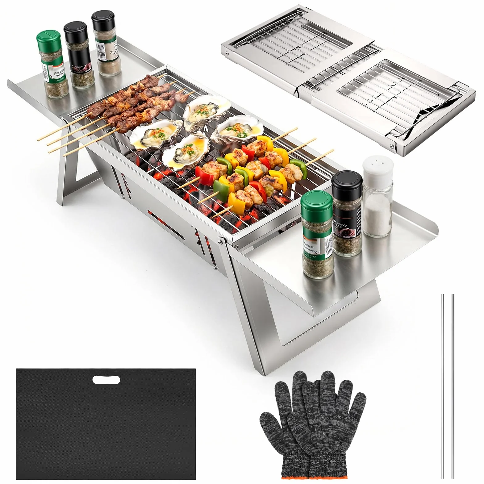 Przenośny, składany grill na węgiel drzewny – kompaktowy grill stołowy i podłogowy z żelaza, na kemping, piknik, plażę i do ogrodu, w zestawie torba na grill, rękawiczki i popielnik, idealny dla 2-5
