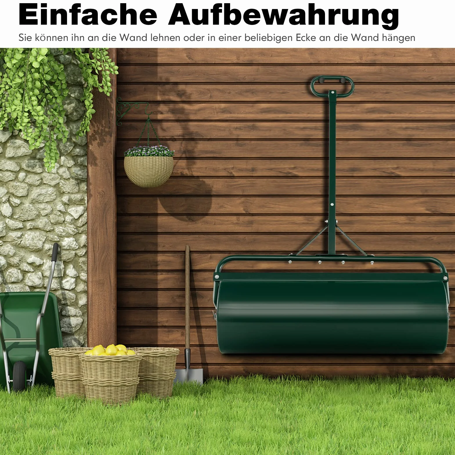 FANTASK Walec do trawy z metalu, średnica 30 cm, z uchwytem 63 l, bęben do dużych obciążeń, wałek do trawy napełniany wodą i piaskiem, wałek ogrodowy, bęben do trawy