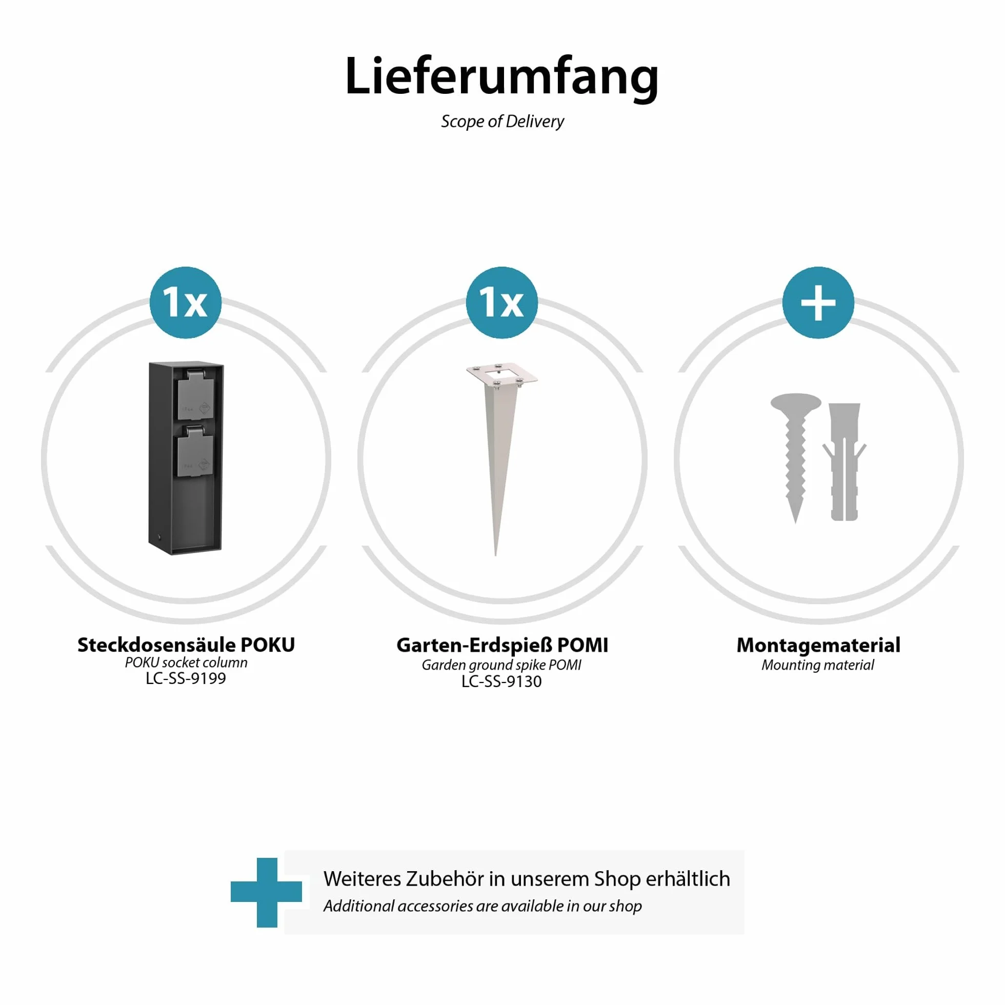 ledscom.de Gniazdo ogrodowe POKU z kolcem do montażu na zewnątrz, IP44, 2-drożne, czarne, kwadratowe, 23cm