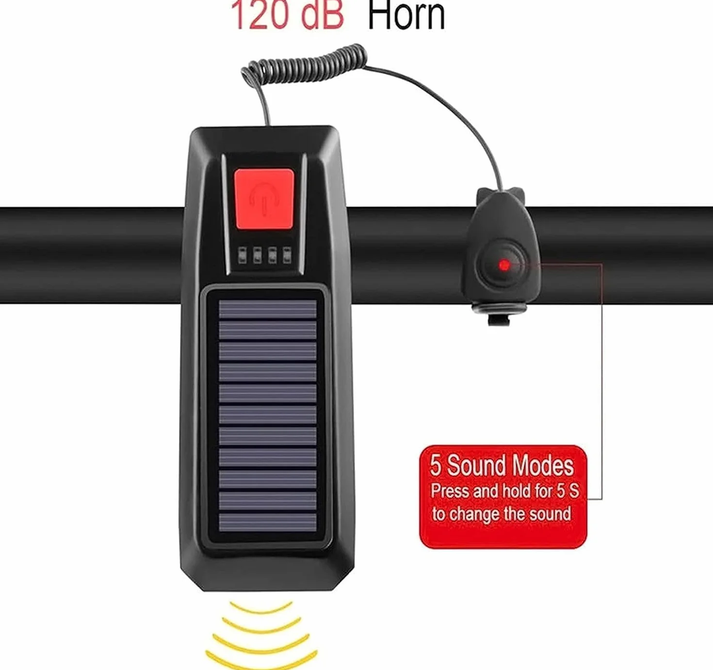Światło przednie do roweru, zasilanie energią słoneczną, 3 tryby pracy, reflektor LED i wodoszczelny dzwonek, ładowanie przez USB, idealne do rowerów szosowych i górskich