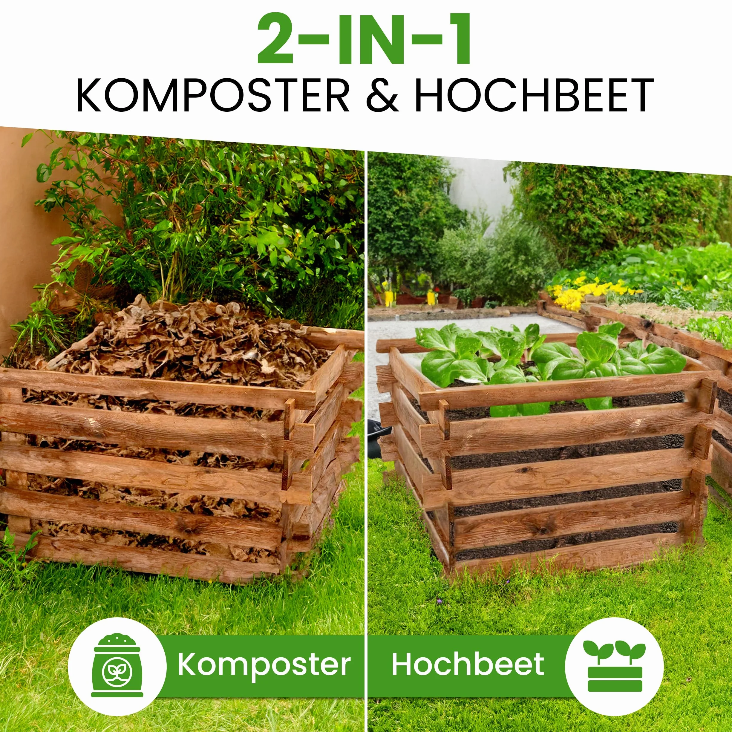 Drewniany kompostownik z sosny brązowej od Gartenwelt Riegelsberger, impregnowany ciśnieniowo, z drewnianym systemem wtykowym, wymiary 120 x 120 cm, wysokość 70 cm