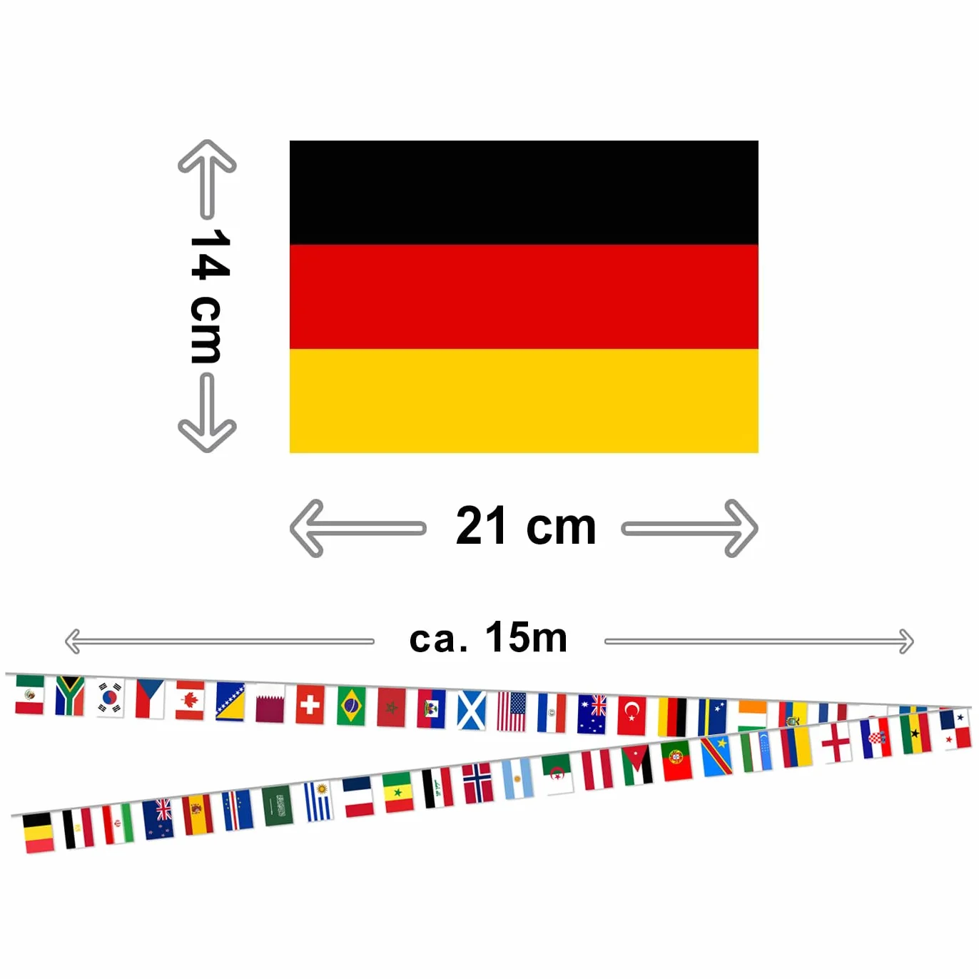 Łańcuch flag na MŚ 2026, 48 krajów, girlanda z flagami Mistrzostw Świata, 28 x 20 cm lub 20 x 14 cm, ok. 20 m / 15 m, dekoracja do klubu, ogródka piwnego, USA, Meksyk, Kanada, rachunek VAT (20 x 14 cm
