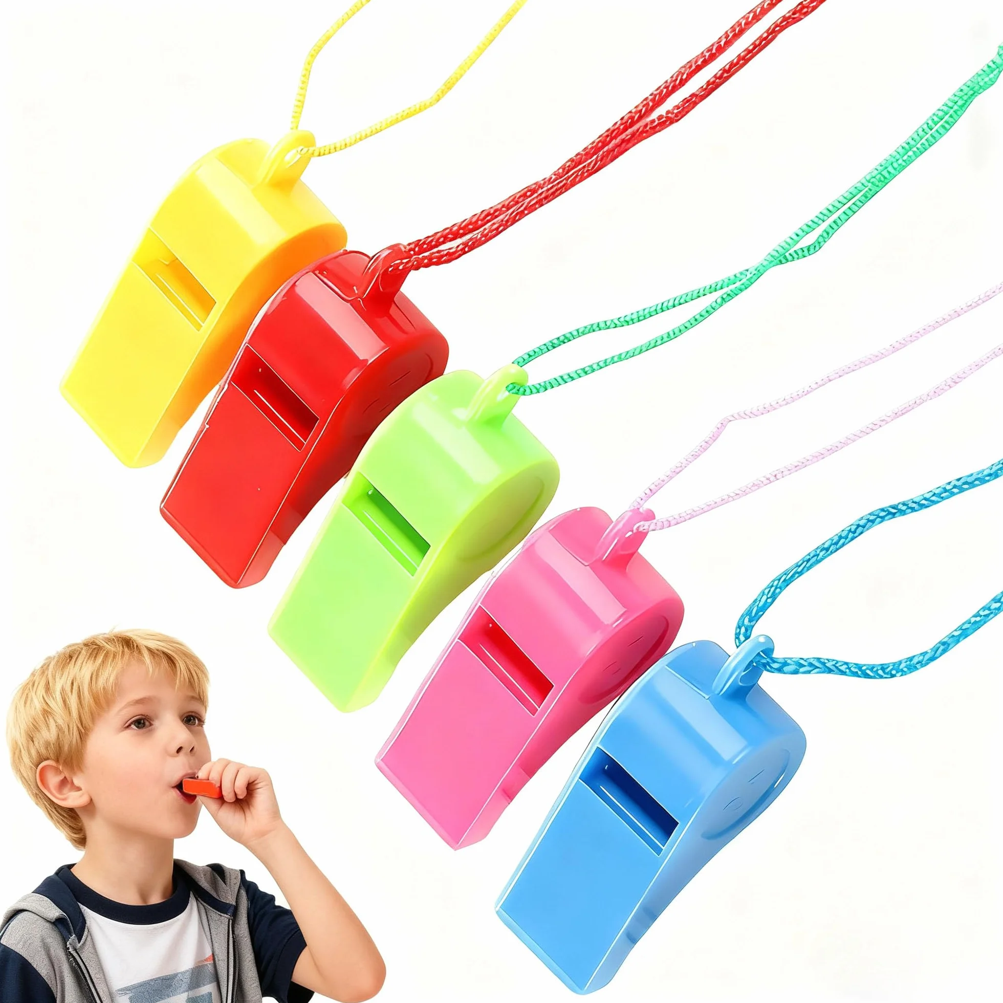 YUEMING 5 sztuk Plastikowe gwizdki na kółkach, Whistle Arbiter dziecięcy trener głośny gwizdek ze sznurkiem do koszykówki sportowej 4,8 x 2,2 cm kolor losowy