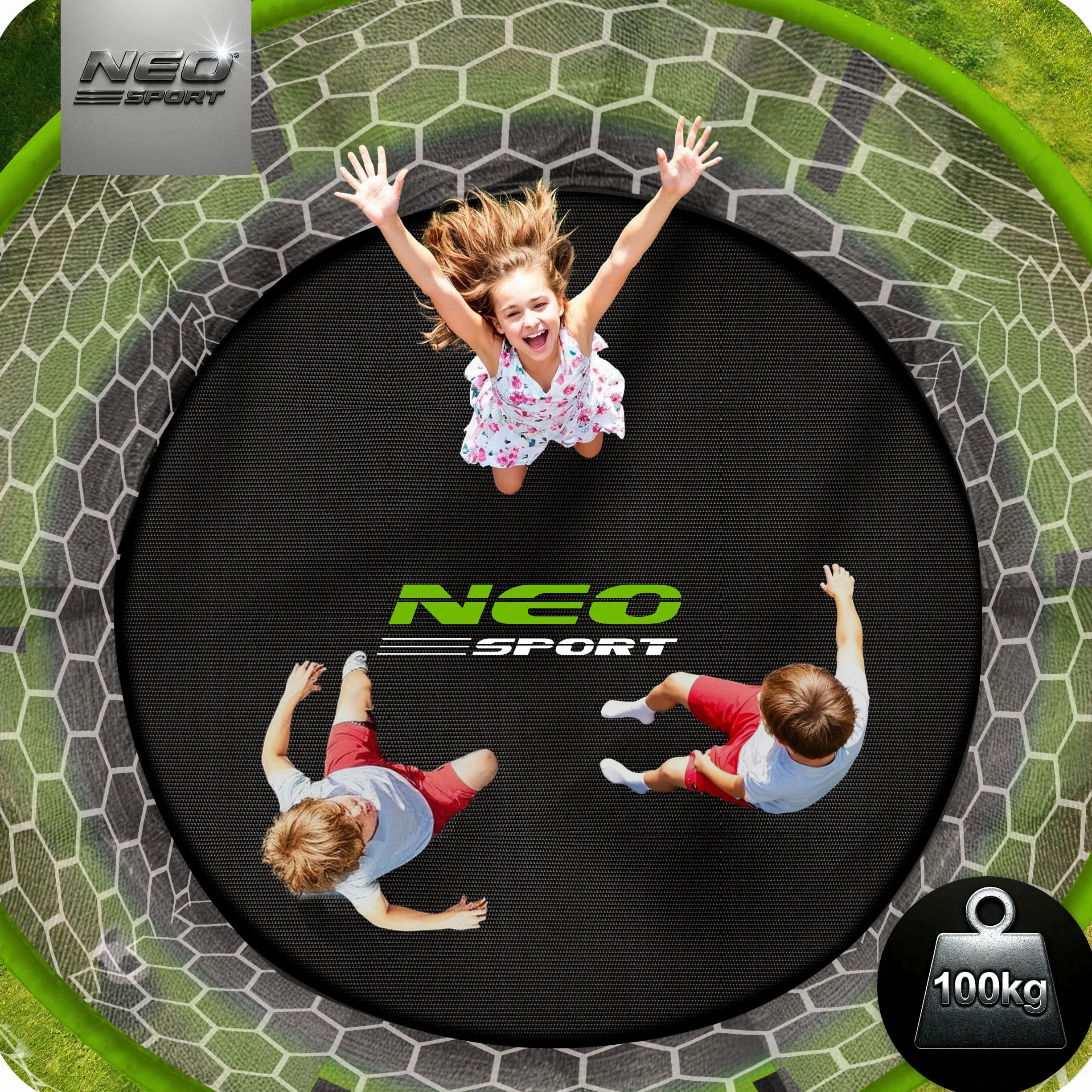 Neo-Sport Trampolina ogrodowa dla dzieci Siatka zabezpieczająca Drabinka wewnętrzna Z powłoką PVC Nośność do 100 kg Zielony Czarny 252 cm
