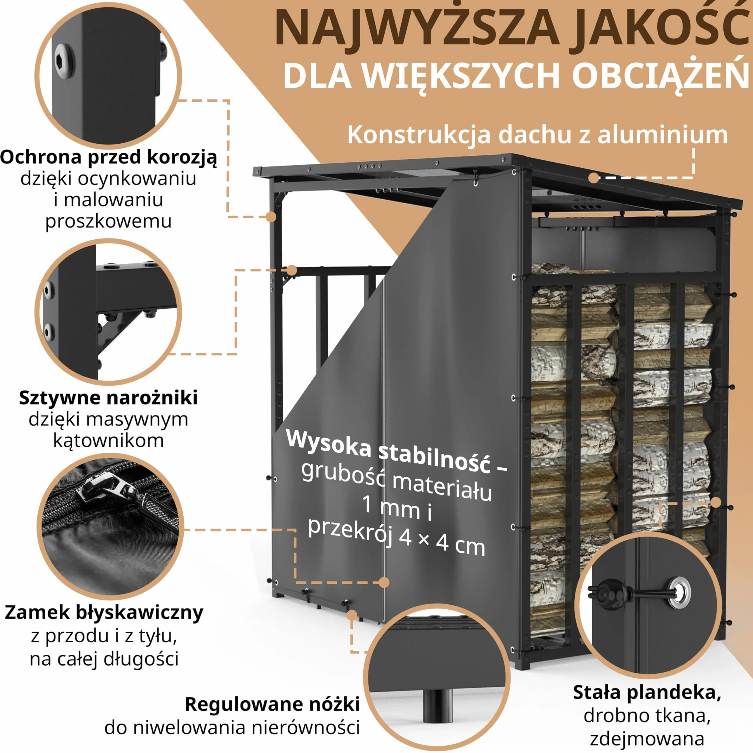 Stojak regał na drewno kominkowe 185x105x185 cm metalowy ocynkowany zadaszony z plandeką antracytowy 1 m głębokości odporny na rdzę 3,5 t 5,25 m³