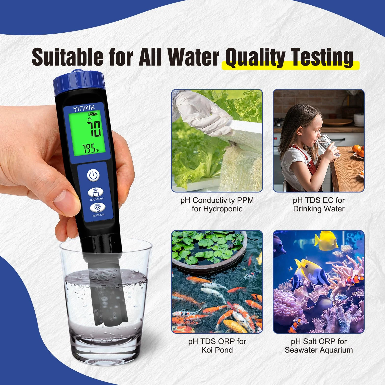 Miernik pH i zasolenia baseny, monitor soli basenu, TDS 6 w 1 PH ORP EC TDS Tester temperatury PPM i EC hydroponiczny, miernik przewodności wody pitnej