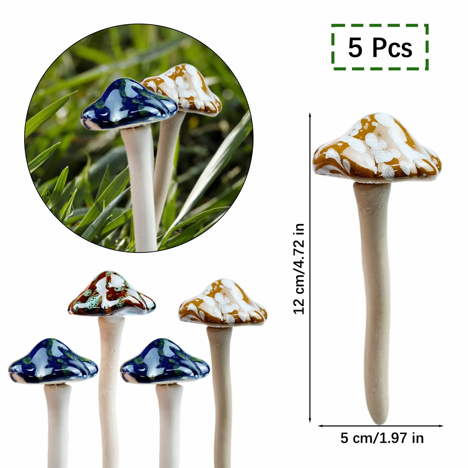 5 sztuk ceramicznych grzybów, kolorowe grzyby ogrodowe, muchomor, dekoracja doniczek, ceramika, ornament do Fairy Garden, dekoracyjna doniczka na trawnik