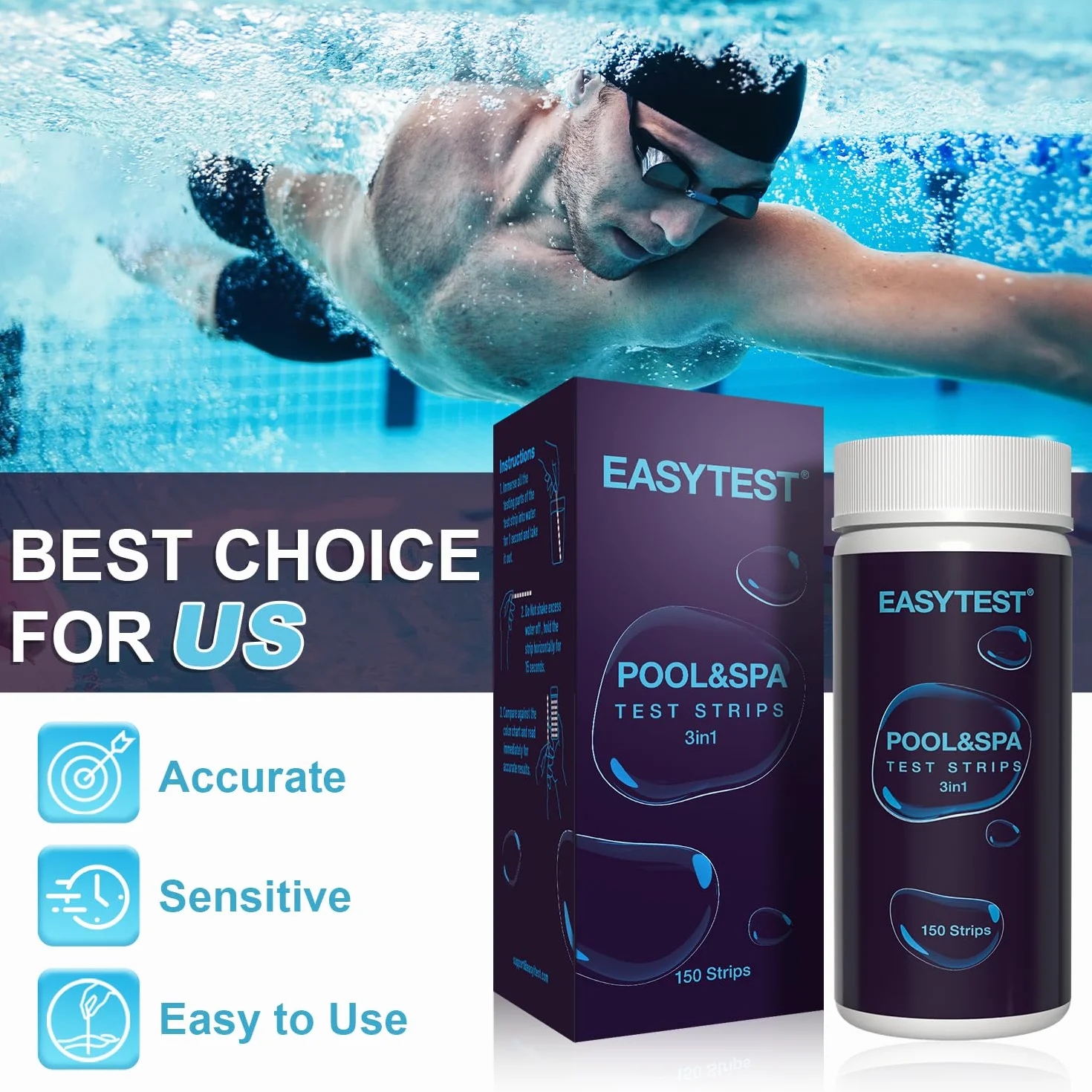 EASYTEST Paski testowe do wanny z hydromasażem, 150 pasków, test basenowy i spa na pH, całkowitą zasadowość, wolny chlor i brom, dokładny zestaw do testowania wody w basenie 3 w 1