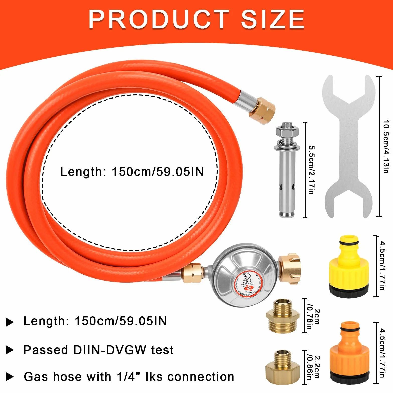Regulator ciśnienia gazu 50 mbar, wąż gazowy 150 cm, gwint zewnętrzny 1/4" -19 LH, regulator niskiego ciśnienia do grilla gazowego, na kemping, piknik, imprezy grillowe (pomarańczowy +