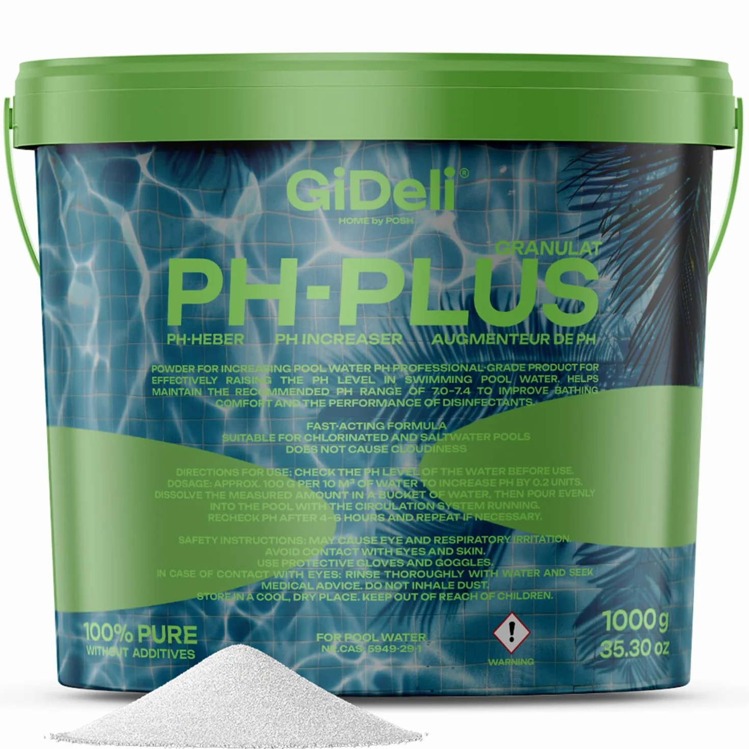 Granulat pH Plus 1 kg w wiaderku, średnia wartość pH w basenie, płyn do pielęgnacji wody z hydromasażem dla krystalicznie czystej wody, idealny do wszystkich rodzajów basenów, łatwe dozowanie ph+