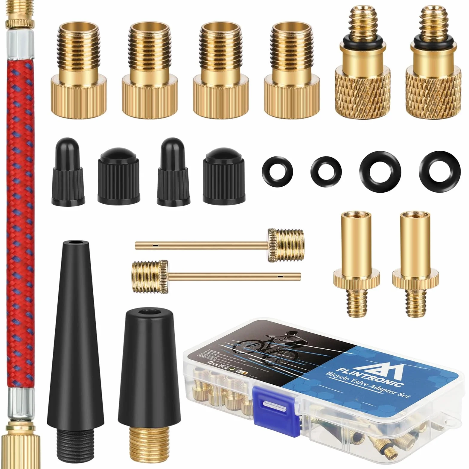 flintronic Adapter do wentyla rowerowego 21 szt., adapter do pompki rowerowej, adapter wentyla rowerowego DV/SV/AV, do sprężarki rowerowej, do pompki kulowej, do pompy powietrza