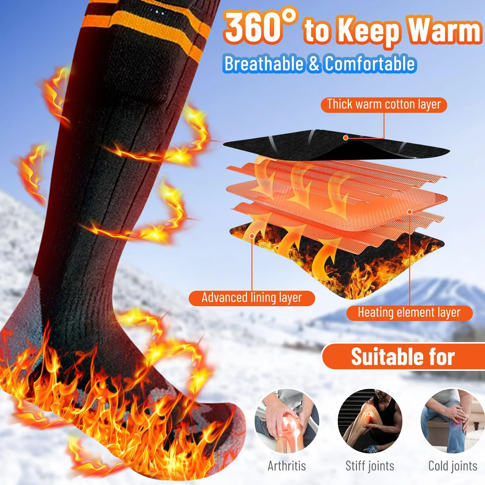 Ogrzewane skarpety, 2 x 5000 mAh, możliwość ponownego ładowania, z 4 ustawieniami temperatury, można prać w temperaturze do 65°C, ogrzewacze do stóp, na kemping, polowanie, jazdę na