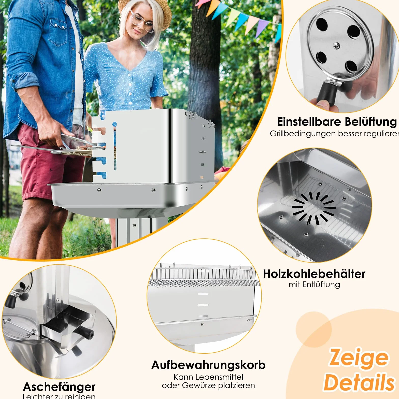 Grill na węgiel drzewny, stal nierdzewna, grill kolumnowy, grill na kemping, plażę, do ogrodu, na imprezę, z rusztem do grillowania z 5-stopniową regulacją wysokości, kosz do przechowywania, pojemnik