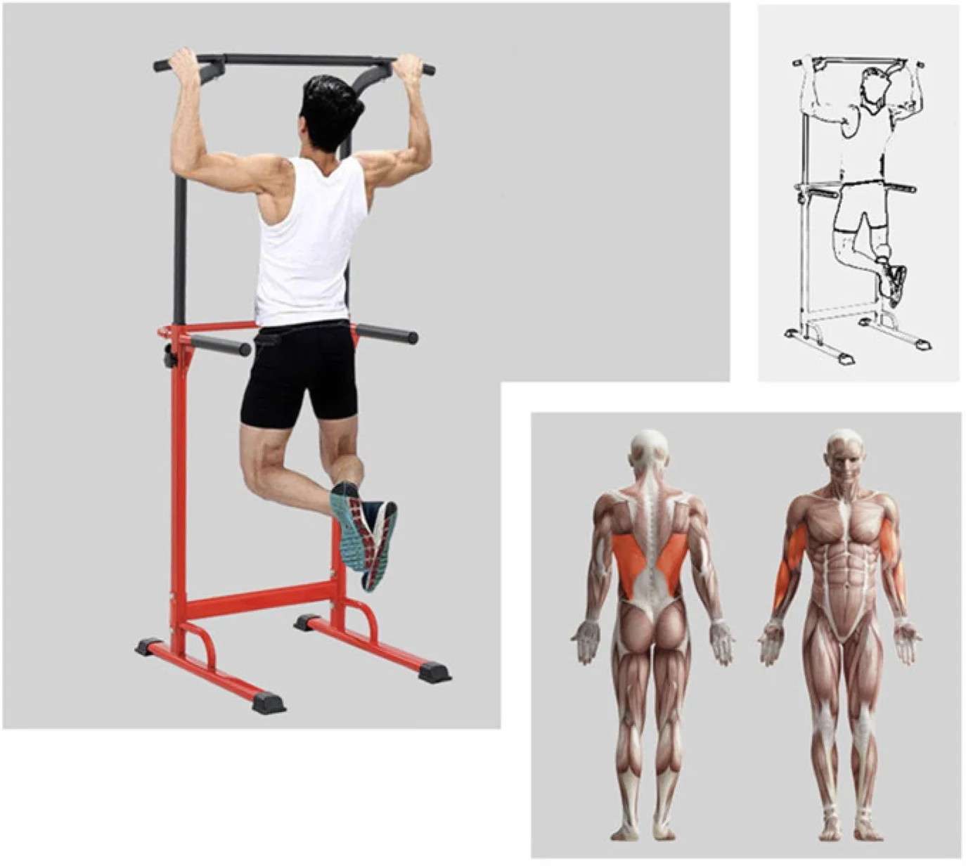 Pull up Fitness Regulowany drążek do podciągania, stacja kulturystyczna Dips, rzymskie krzesło (czerwony)