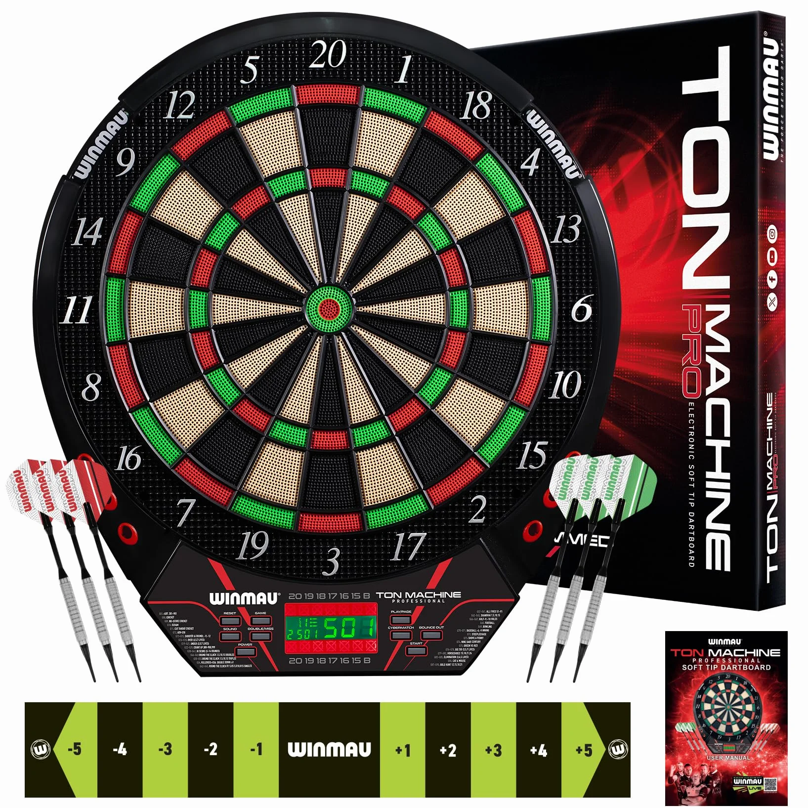Winmau Darts - Ton Machine Elektroniczna tarcza do rzutek z ponad 90 grami i cyfrową tablicą wyników dla 8 graczy - 2 zestawy rzutek z miękką końcówką, linia oche & plastikowe końcówki do rzutek