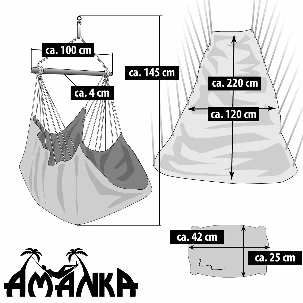 AMANKA Fotel wisz?cy XXL z komor? boczn? i poduszk? – 220 x 120 cm, hamak zewn?trzny do 150 kg