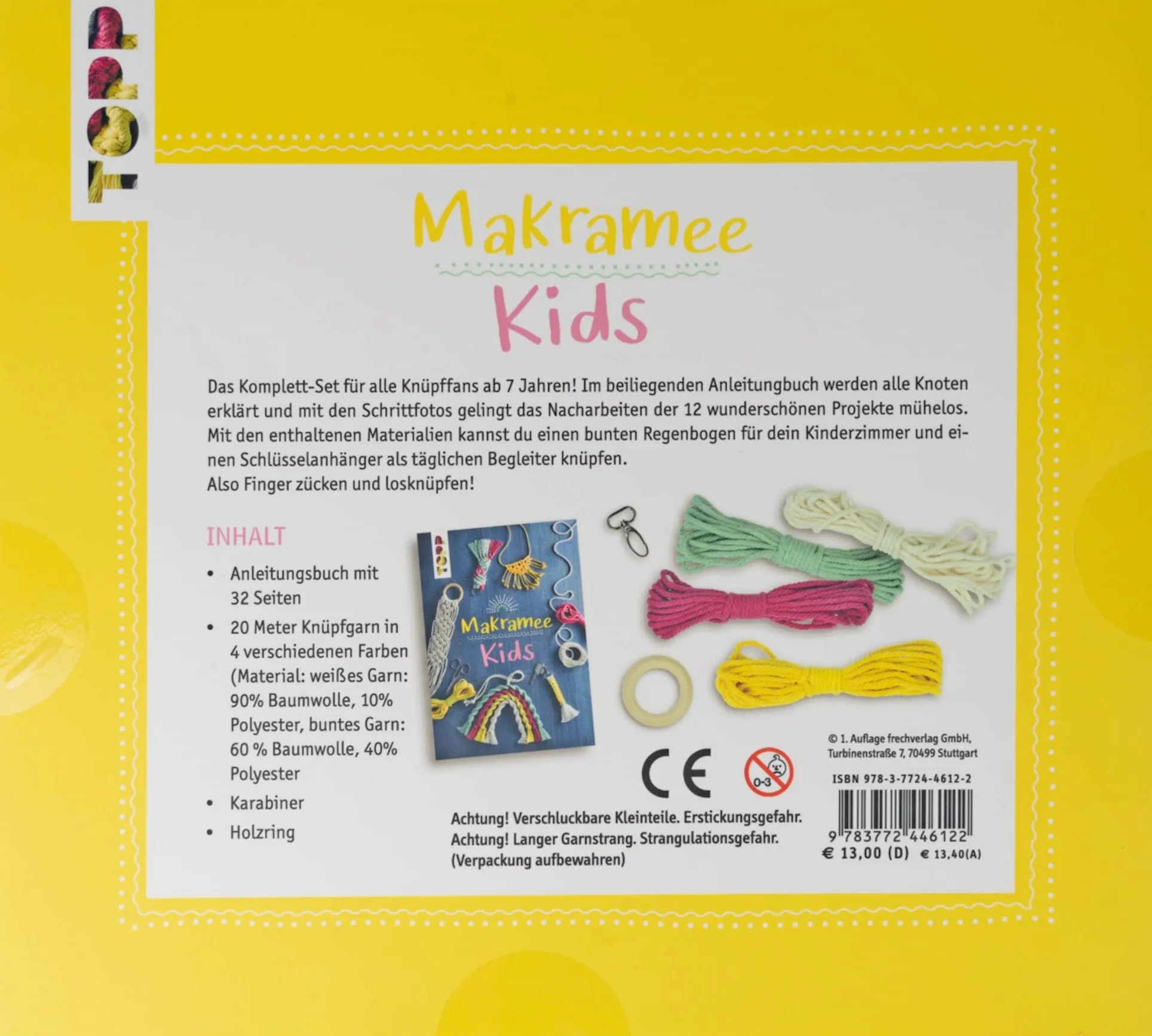 Kreativ-Set Makramee Kids: Buch mit Grundlagen und Anleitungen für tolle Makramee-Projekte, Garn in 4 Farben, Holzring und Schlüsselanhänger für Regenbogen und Schlüsselanhänger (Buch plus Material)