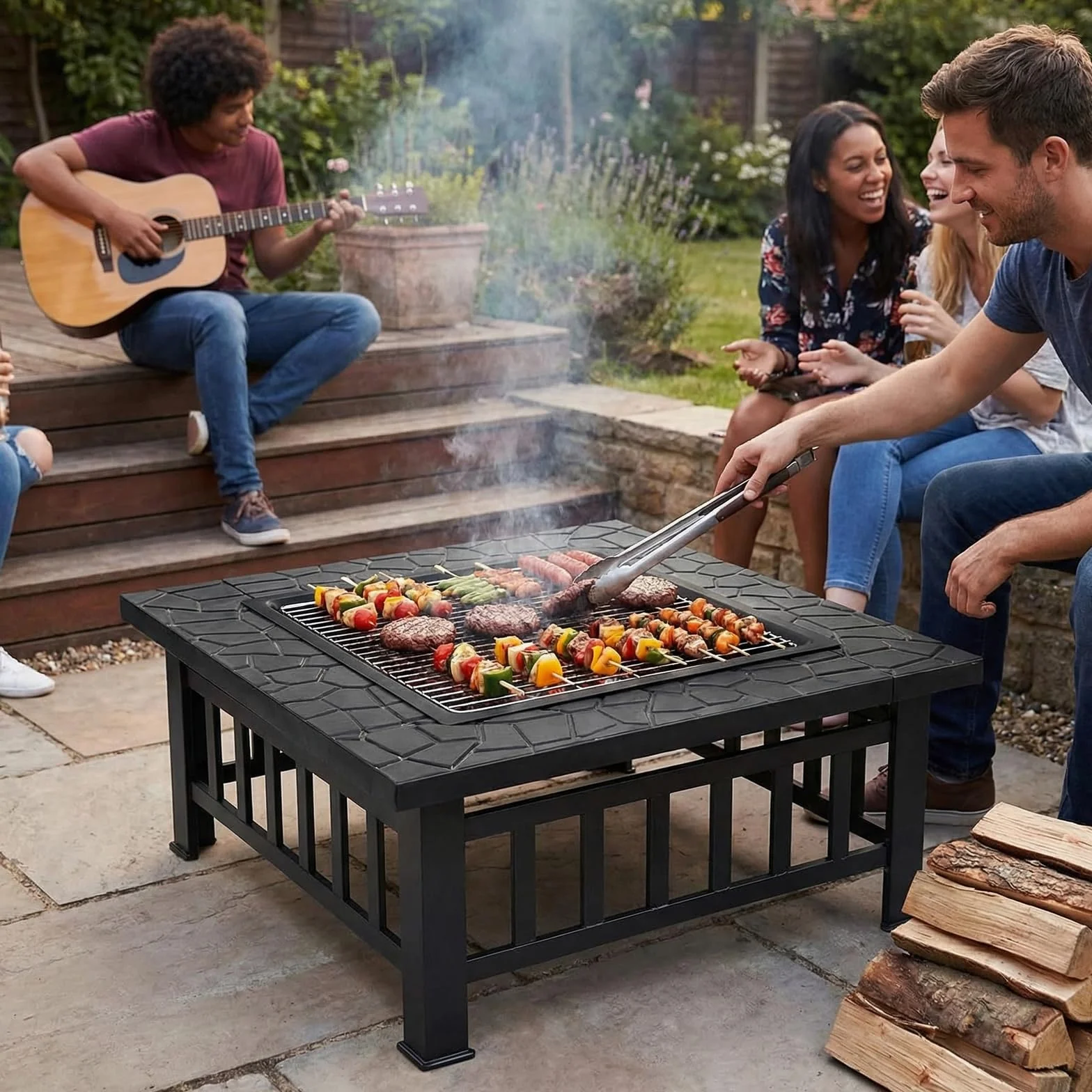 TLSUNNY Palenisko Z Rusztem Do Grillowania, 3 W 1, Z Ochroną Przed Iskrami, Kosz Paleniskowy Z Plandeką Przeciwdeszczową, Kwadratowy, Na Taras, Taras, Kemping, Ognisko, 81 X 81 X 45 cm