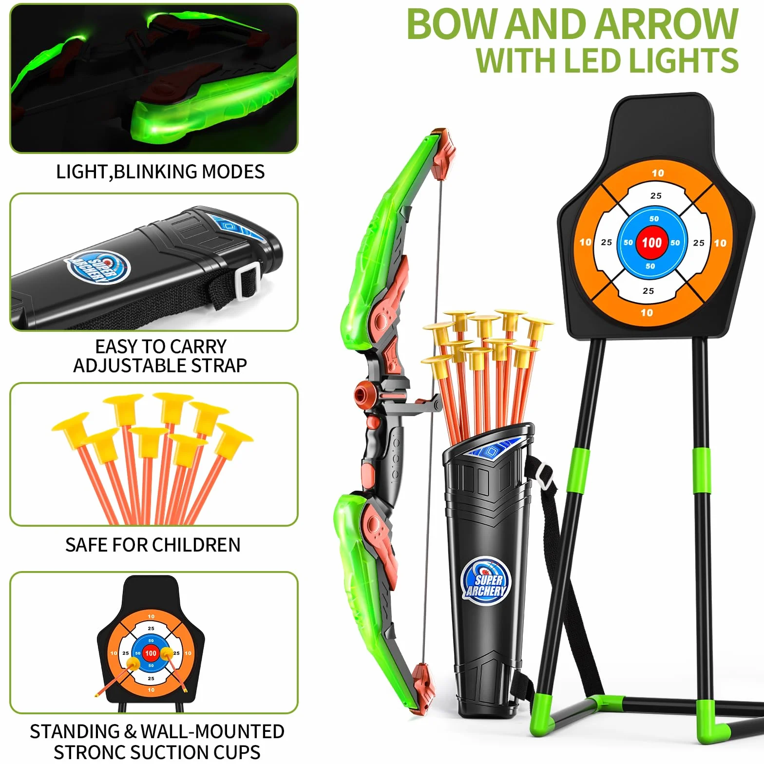 TEMI Bow and Arrow Set for Kids with LED Lights-Archery Set with 10 Suction Cup Arrows, Quivers & Standing Target, Outdoor Toys for Kids Boys & Girls Ages 3-12 Years Old