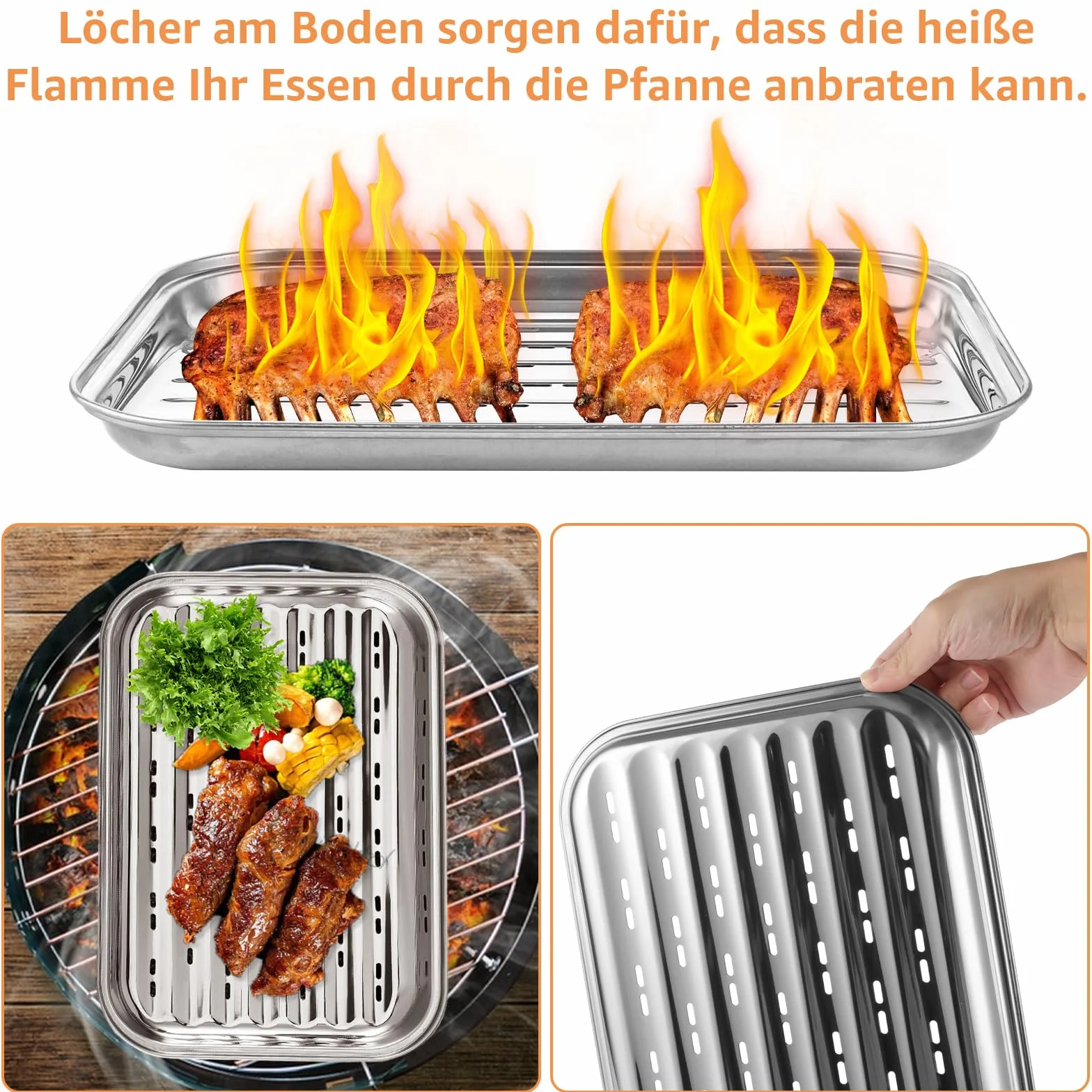 2 sztuki tacki do grillowania wielokrotnego użytku, prostokątne naczynia do grilla z stali nierdzewnej, perforowane, 34,5 x 24,5 cm, do grilla gazowego i węglowego, mięsa, warzyw