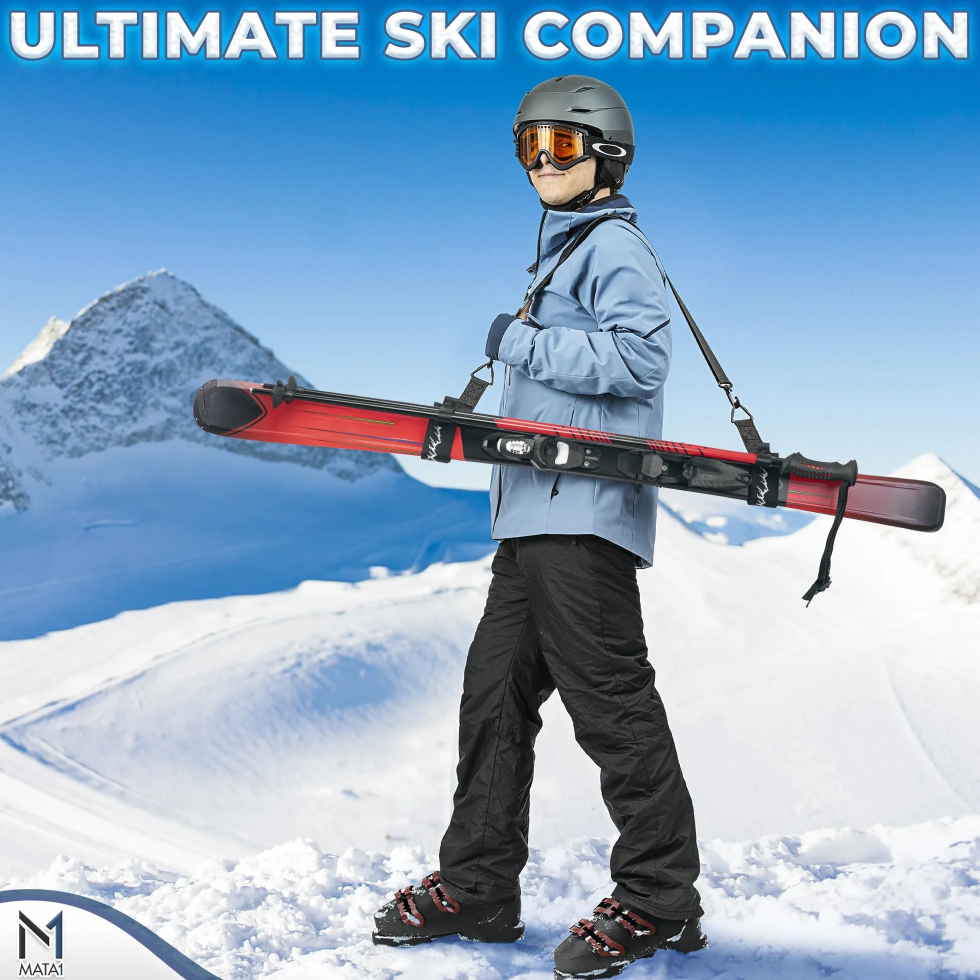Ski Strap and Pole Carrier – Black – Adjustable shoulder strap for easy carrying of skis and poles