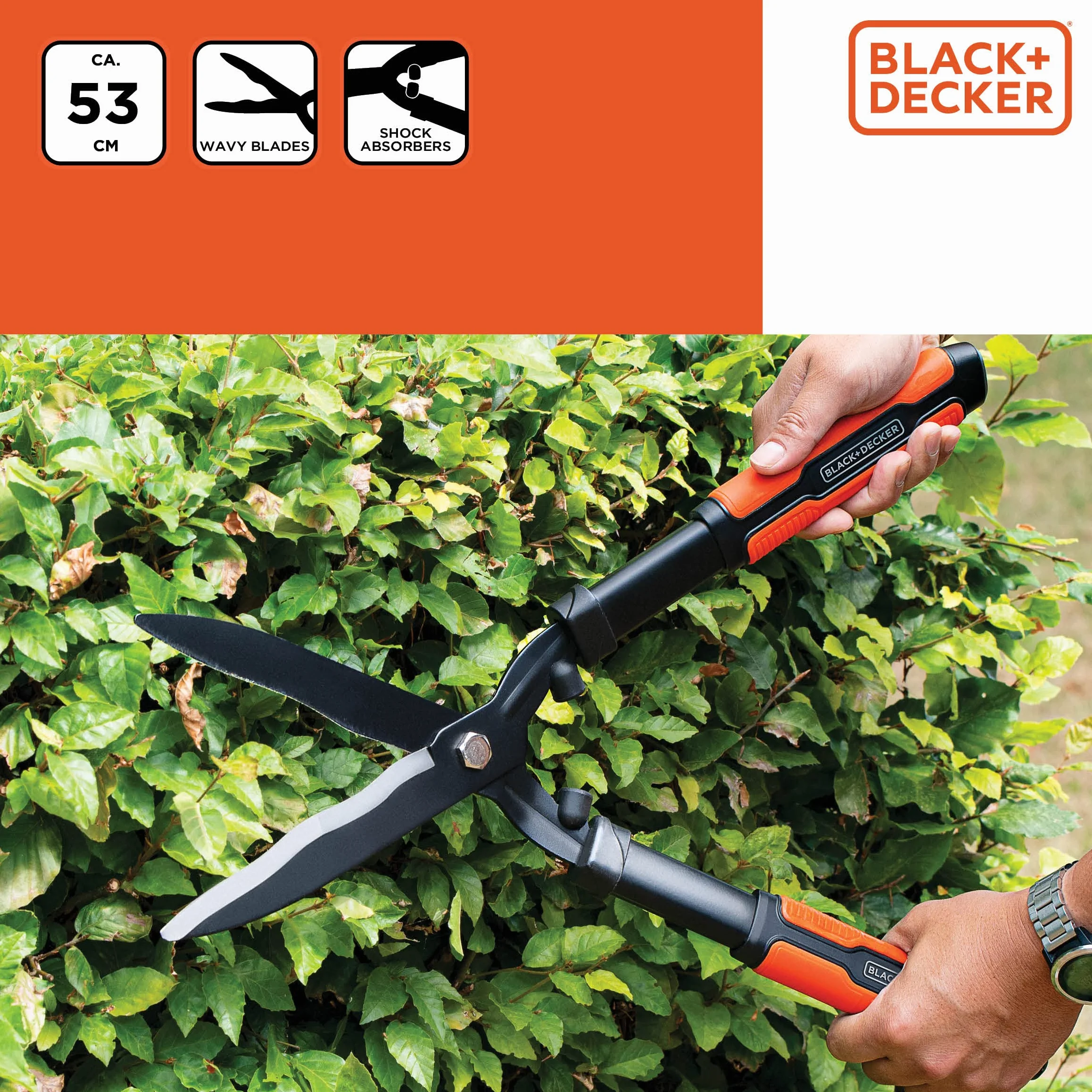 BLACK+DECKER Nożyce do żywopłotu – ząbkowane ostrza stalowe – 53 cm – czarne/pomarańczowe