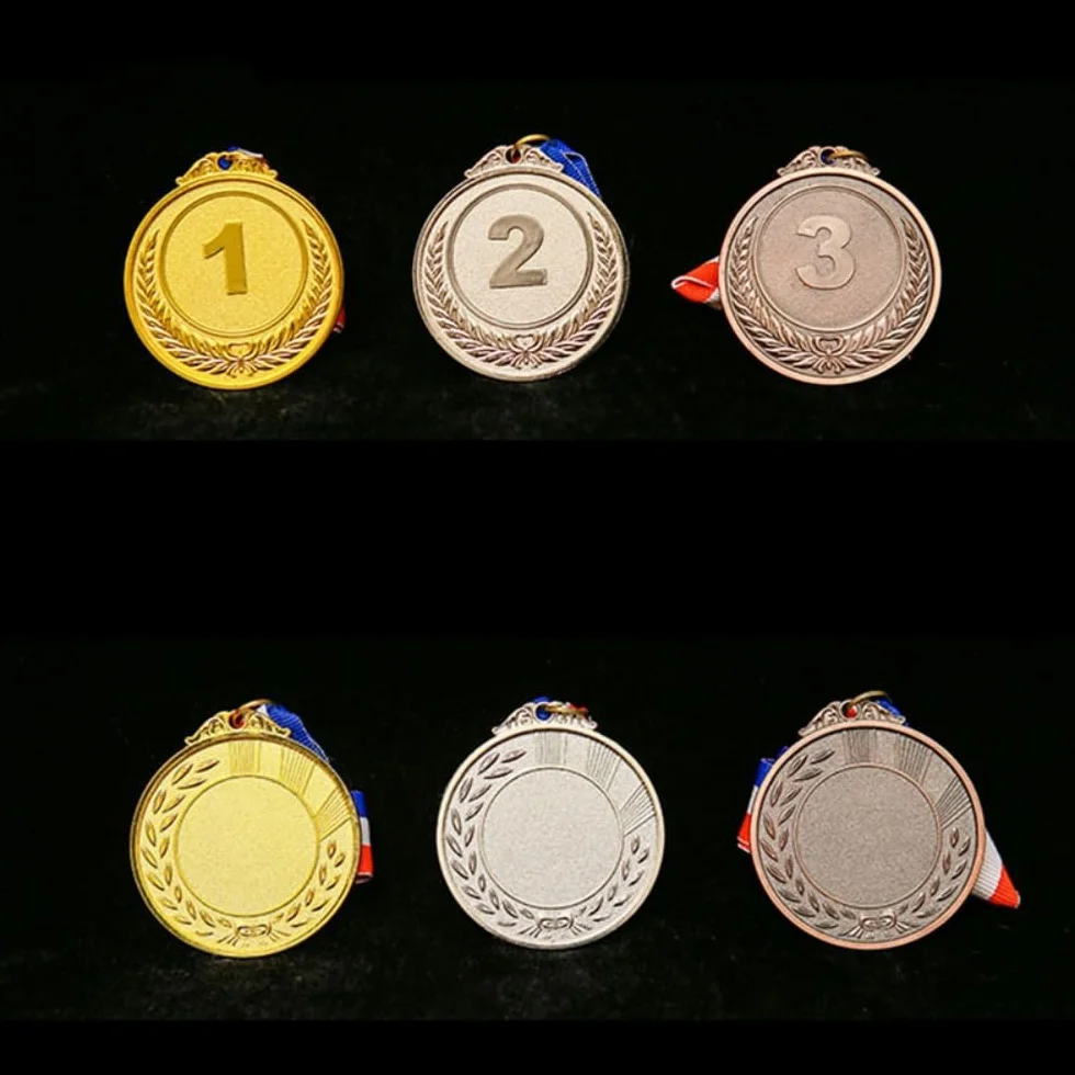 Medale metalowe złoty srebrny brąz 1 2 3 olimpijskie z wstążkami