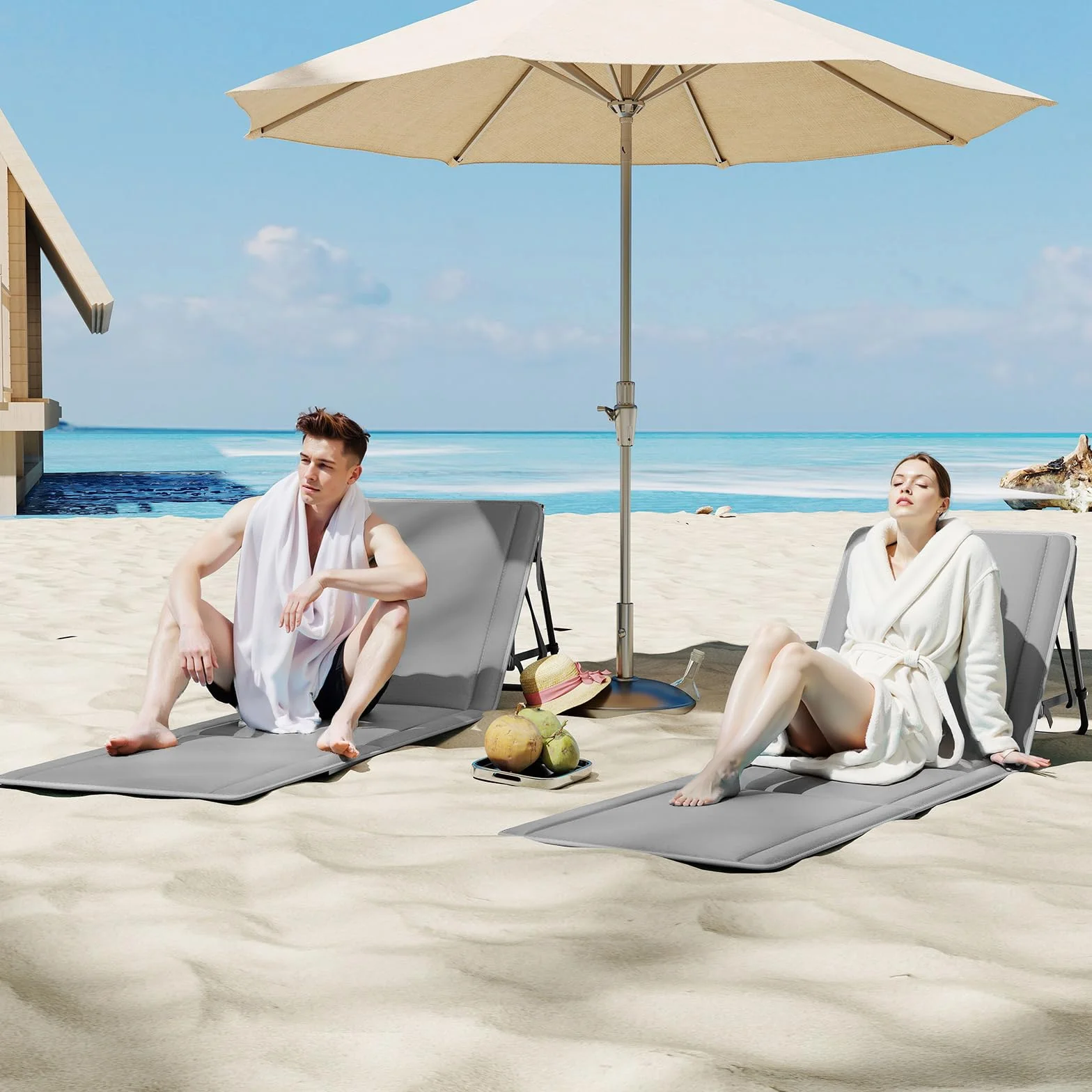 UDPATIO Zestaw 2 mat plażowych z oparciem, regulowane leżaki plażowe, składane, lekkie, składane leżaki na plażę, obciążenie 150 kg, mata przeciwsłoneczna, wyściełana torbą, szara, wodoszczelna