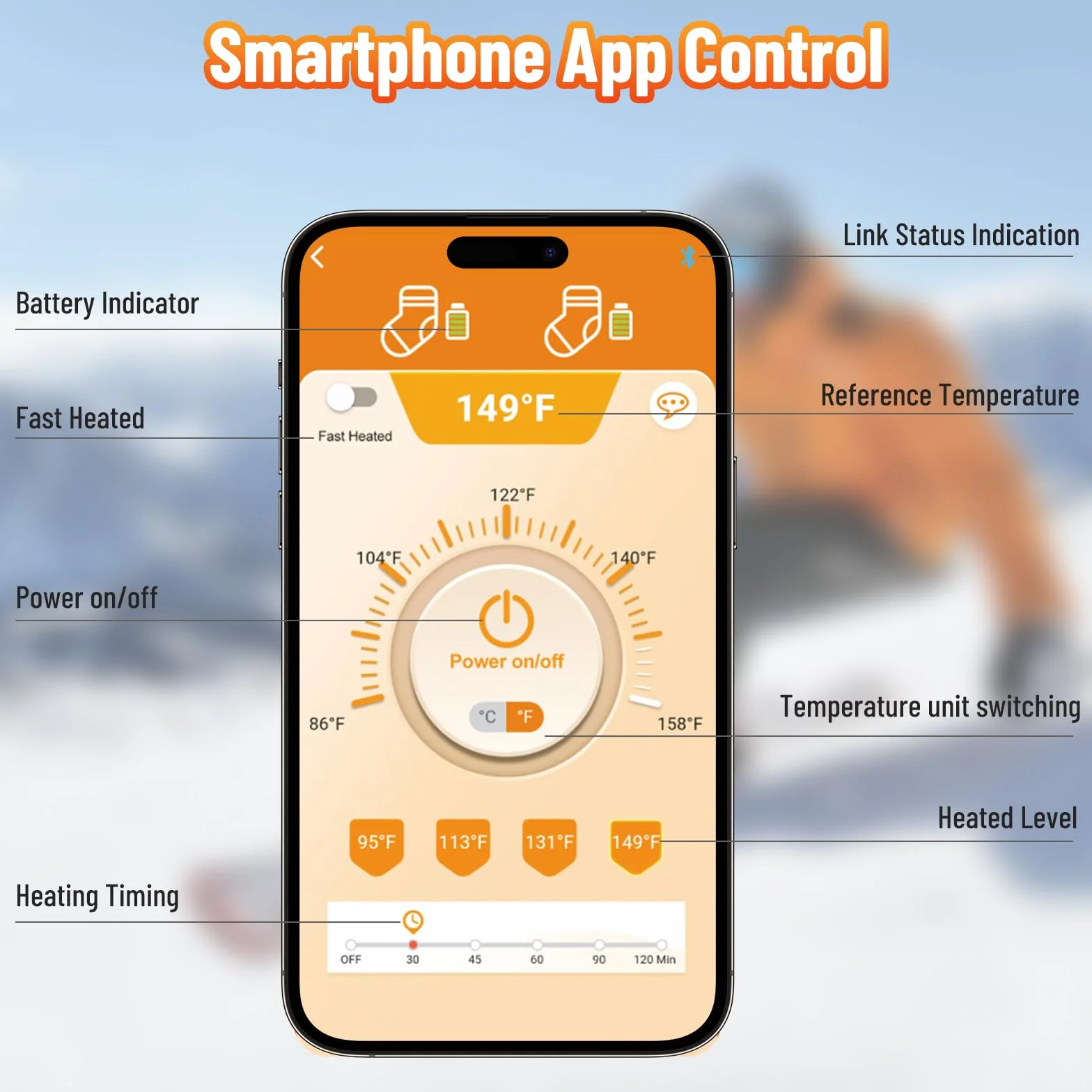 Ogrzewane skarpety, 2 x 5000 mAh, możliwość ponownego ładowania, z 4 ustawieniami temperatury, można prać w temperaturze do 65°C, ogrzewacze do stóp, na kemping, polowanie, jazdę na