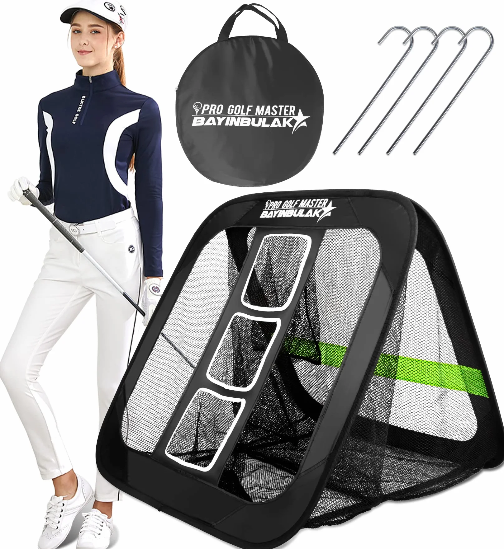 BAYINBULAK 2 w 1 Golf Chipping Practice Net Backyard Driving 2,5'×2.5' Akcesoria golfowe dla mężczyzn Prezent, 1 opakowanie