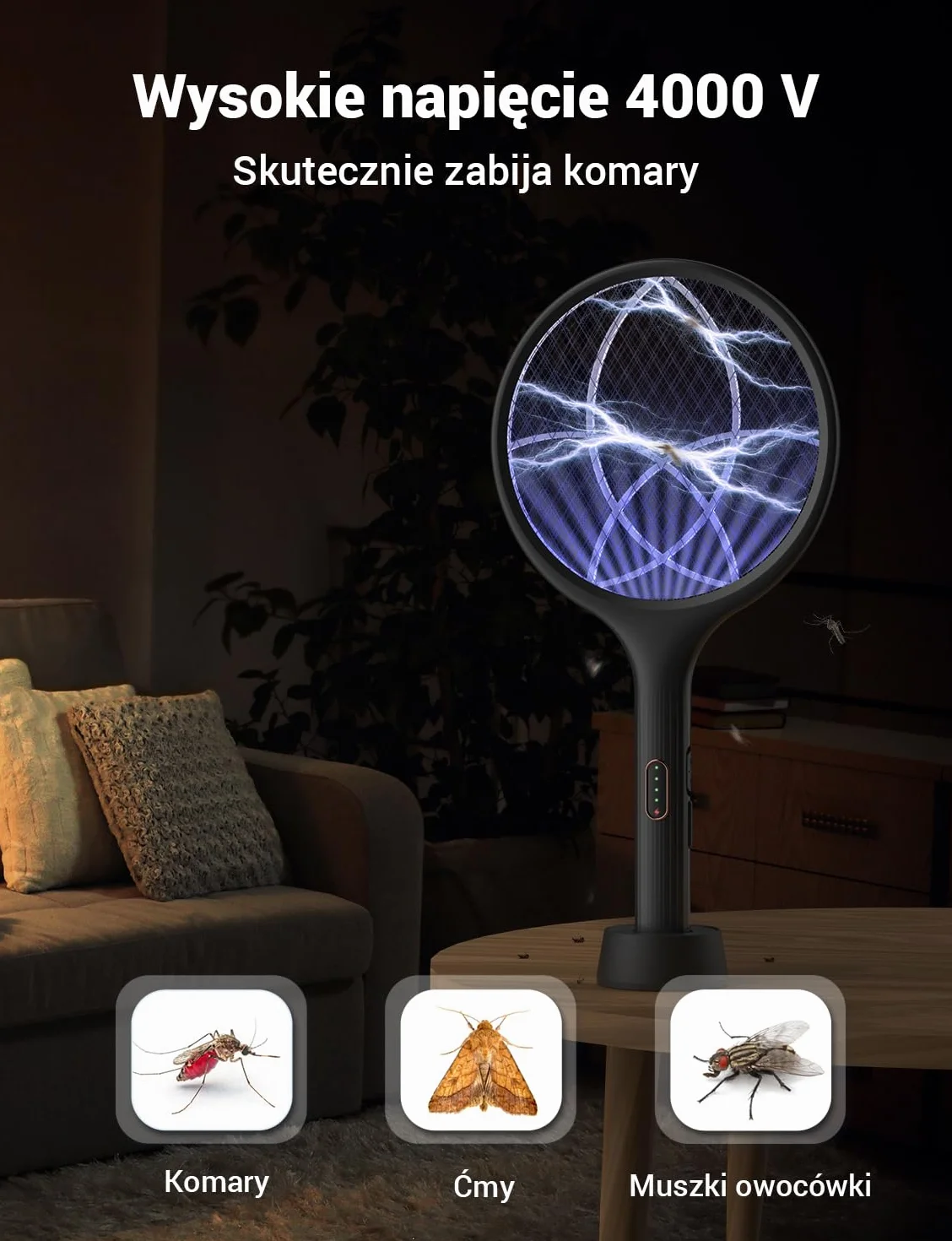 YISSVIC Elektryczna łapka na komary Extra Strong 4000 V 2 w 1 USB C z akumulatorem Akumulatorowa ze stabilną podstawą pułapką na światło UV Przeciw komarom Muchom 2 szt. Czarny