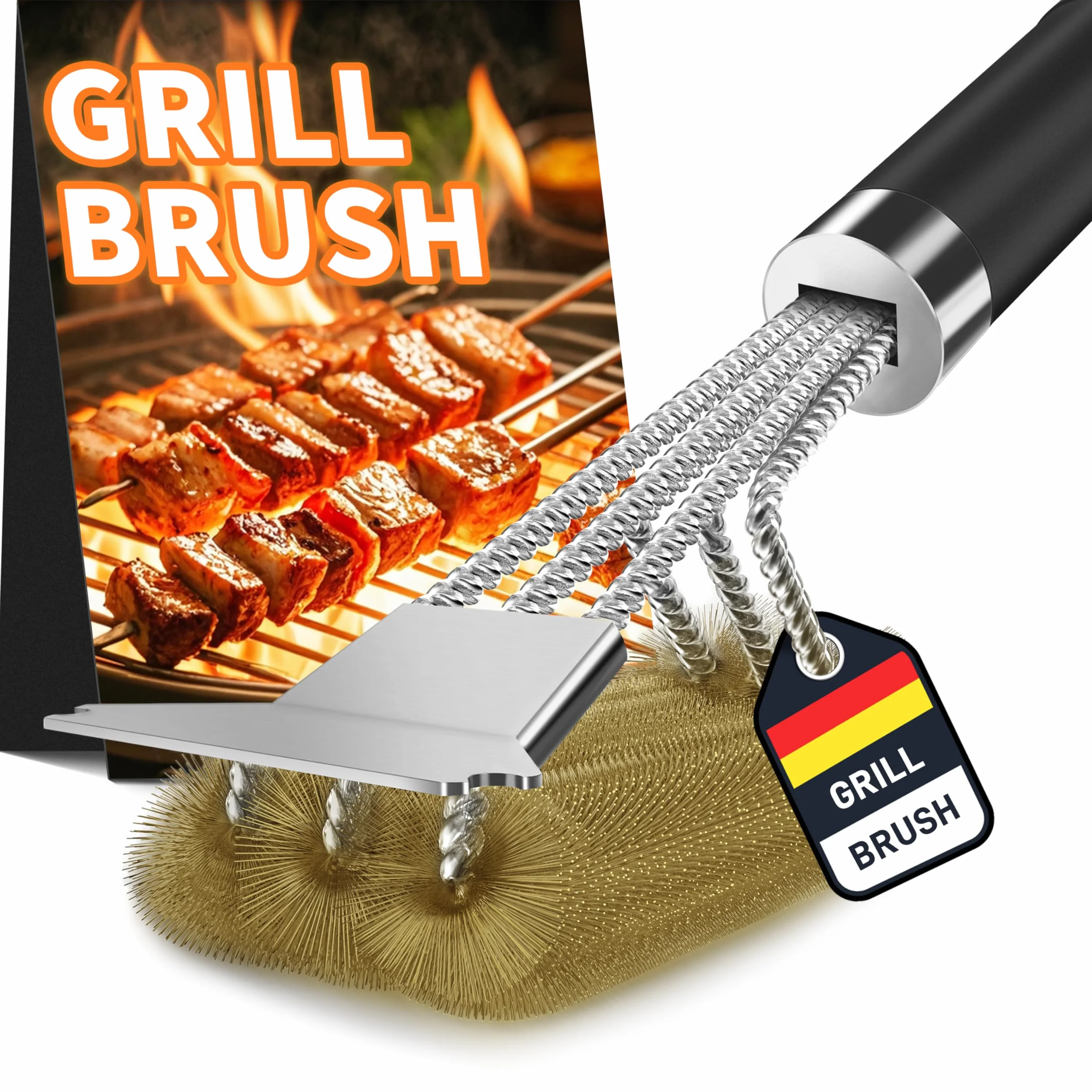 TNTOR Mosiężna szczotka do grilla, mosiężny szczotka z włosiem, skrobak do grillu z stali nierdzewnej i długim uchwycie termoizolacyjnym