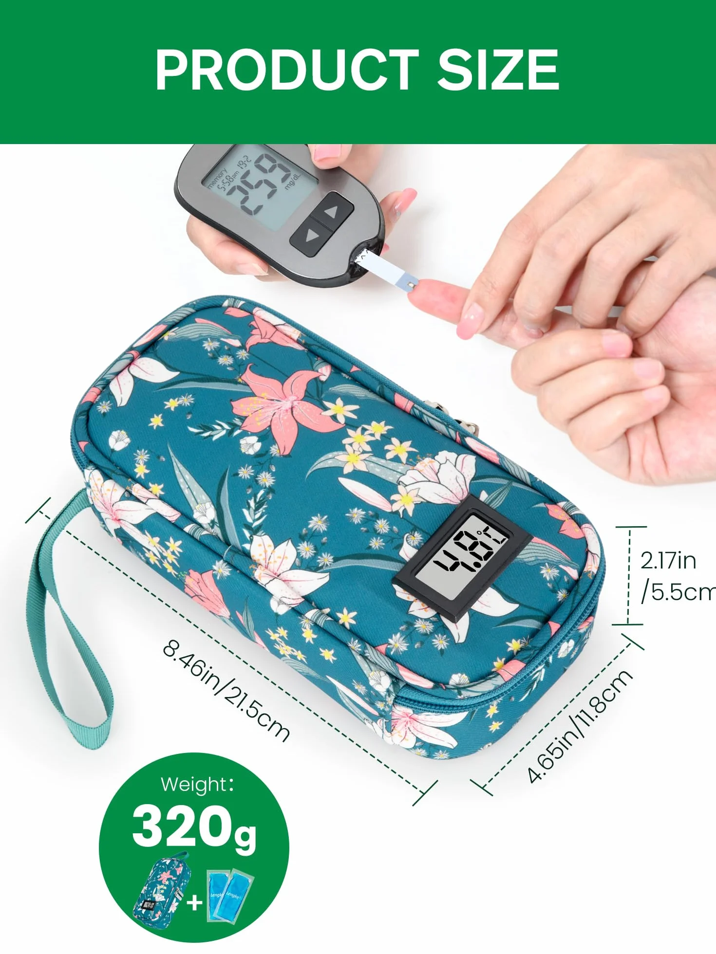 SUNMON Etui podróżne na insulinę z wyświetlaczem temperatury, torba chłodząca kompatybilna z długopisami GLP-1 z 2 opakowaniami na lód, torba na leki o dużej pojemności, pasuje do 4-5 długopisów