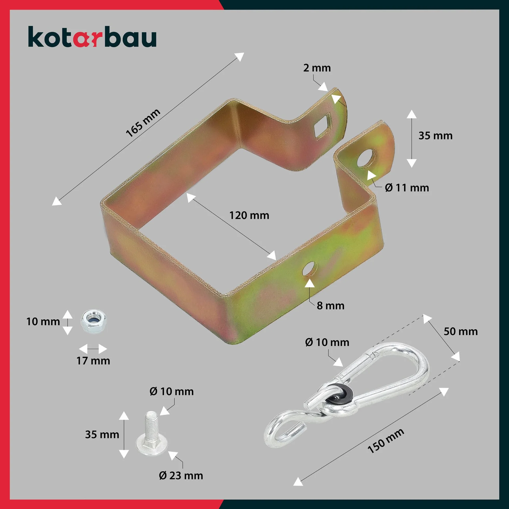 KOTARBAU® 2 szt. Obejma Kwadratowa Huśtawkowa - 120 X 120 MM - Mocowanie Huśtawki do Drewnianej Belki - Hak Huśtawkowy z Karabińczykiem - Stalowa