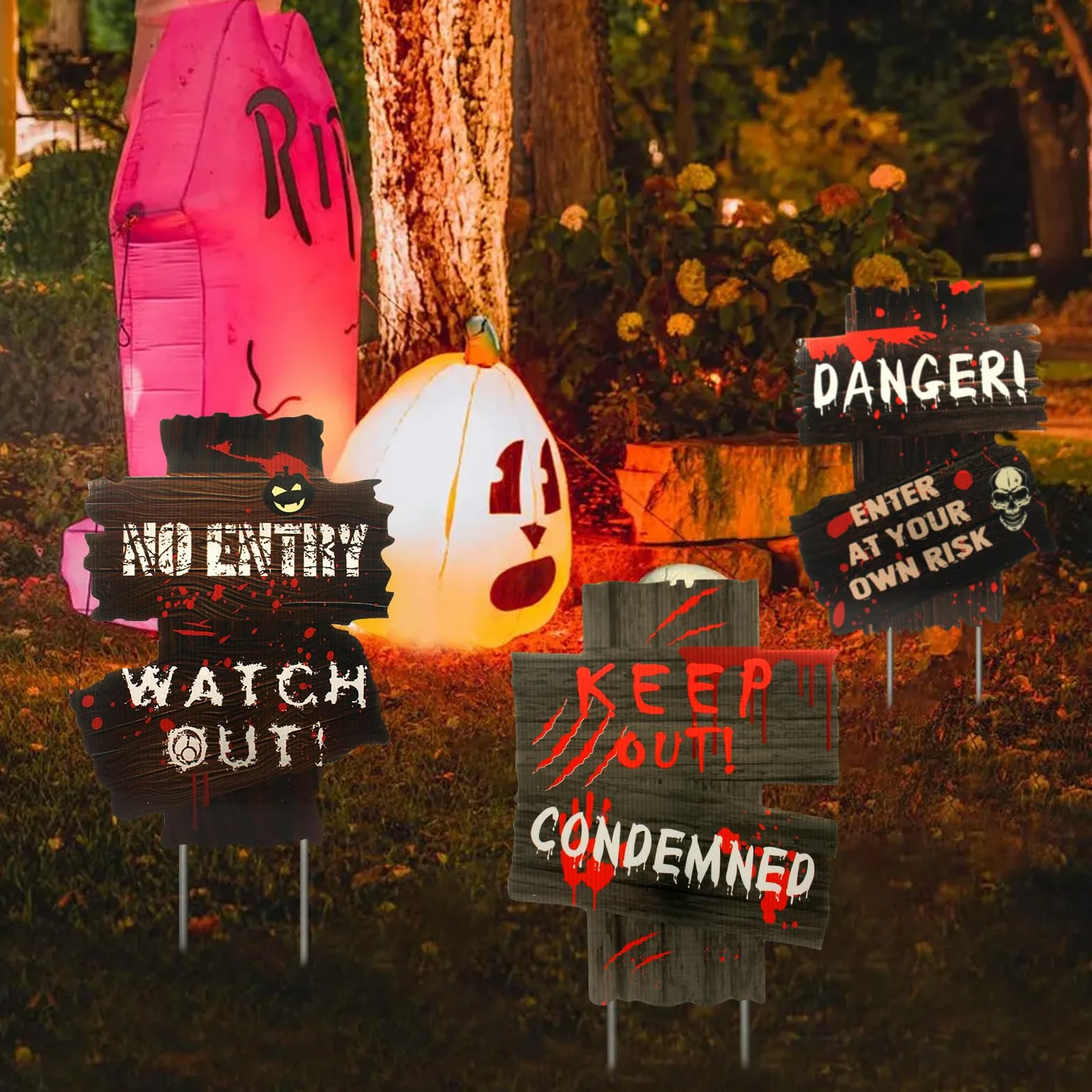 Znaki ostrzegawcze na Halloween 3 sztuki, dekoracje na Halloween z tektury falistej, dekoracje na Halloween, dekoracje na trawnik, cmentarz, dekoracje zewnętrzne, rekwizyty na Halloween