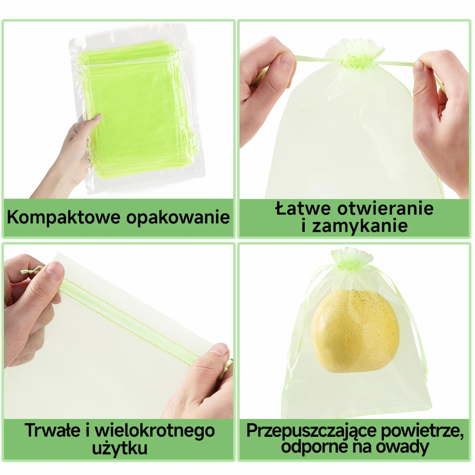 50 szt. woreczków z organzy 20x30 cm do ochrony owoców, zielone siatki z troczkiem przeciw ptakom i owadom