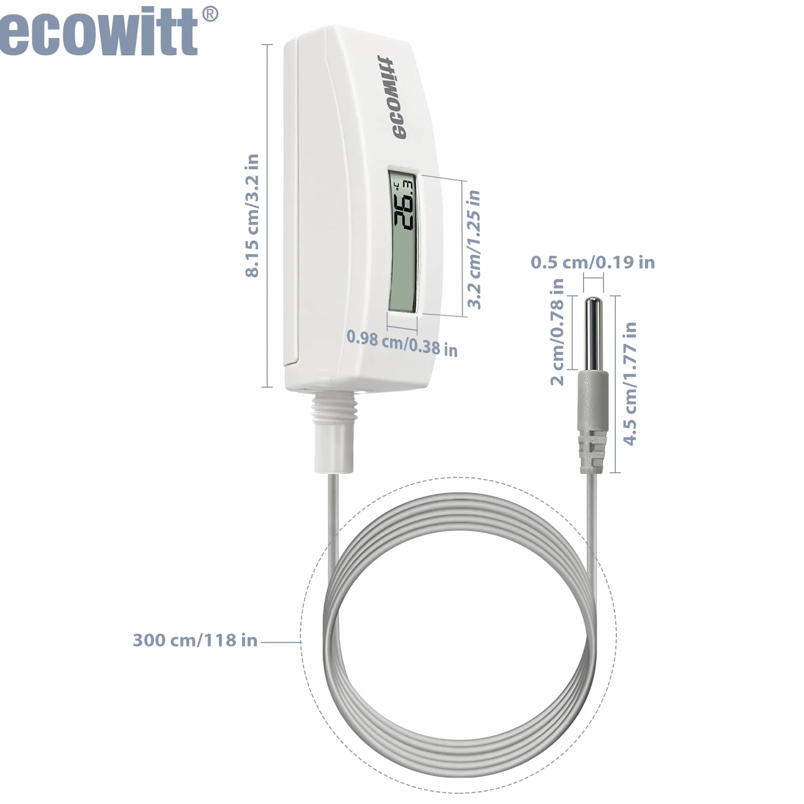 ECOWITT WN34 czujnik temperatury gleby, wodoodporny tester gleby cyfrowy z wyświetlaczem LCD, czujnik sondy temperatury 30 cm do ogrodu, gospodarstwa, trawnika, wewnątrz i na zewnątrz
