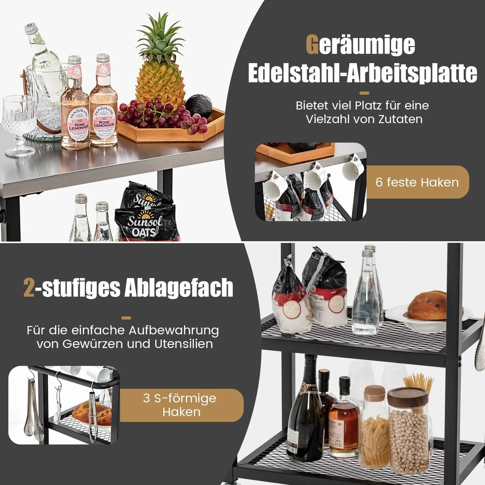 COSTWAY Grill na kółkach do zewnątrz, stół do grillowania z 3 półkami, 4 kółkami, uchwytem i 3 haczykami, wózek do serwowania na podwórku i ogrodzie