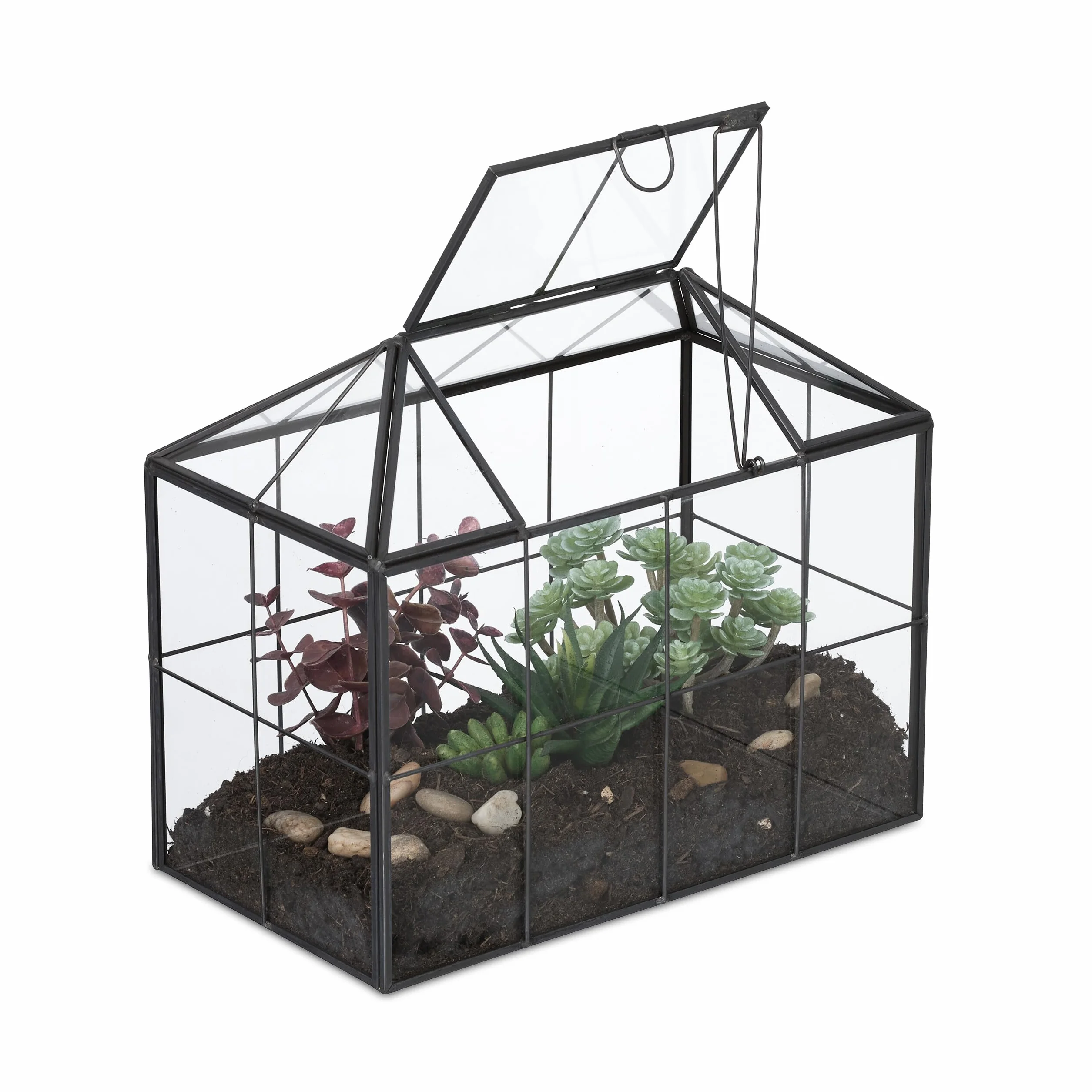 Relaxdays Terrarium roślinne, szkło i cyna, dekoracyjny szklany domek na kaktusy i mech, szklana skrzynka na parapet, czarna