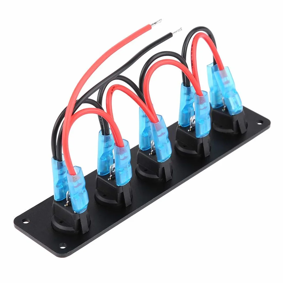 Keenso Panel przełącznika kołyskowego 12 V / 24 V, wodoodporny, 5 Gwintowany okrągły przełącznik Dash Blue LED do kampera, łodzi, jachtu morskiego, 12 V, gniazdko elektryczne